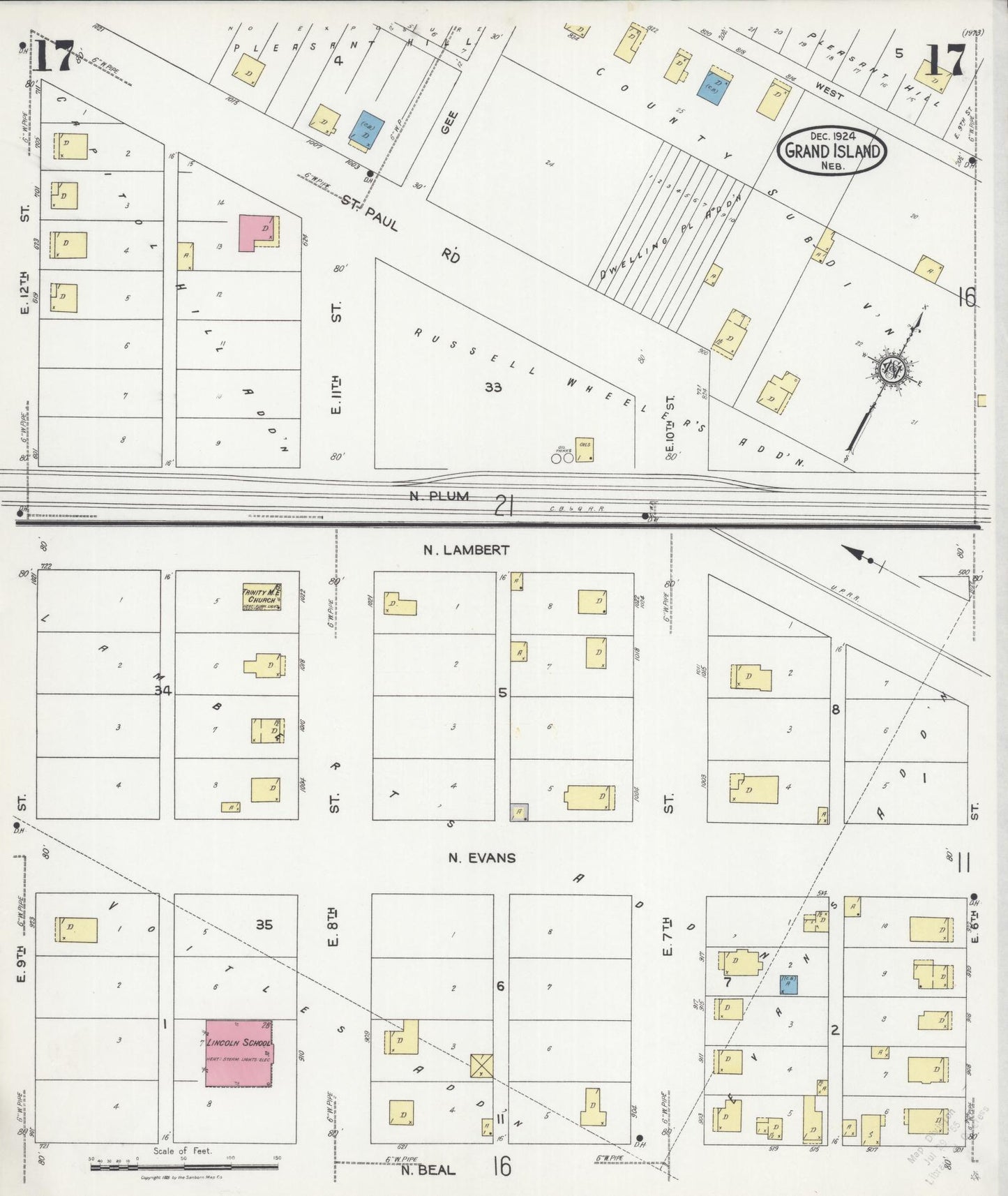 Sanborn Fire Insurance Map from Grand Island, Hall County, Nebraska (1924), Sheet #0017 - Historic Sanborn Fire Insurance Map Print, vintage old map wall art, antique decor, genealogy gift, Nebraska Nebraska map