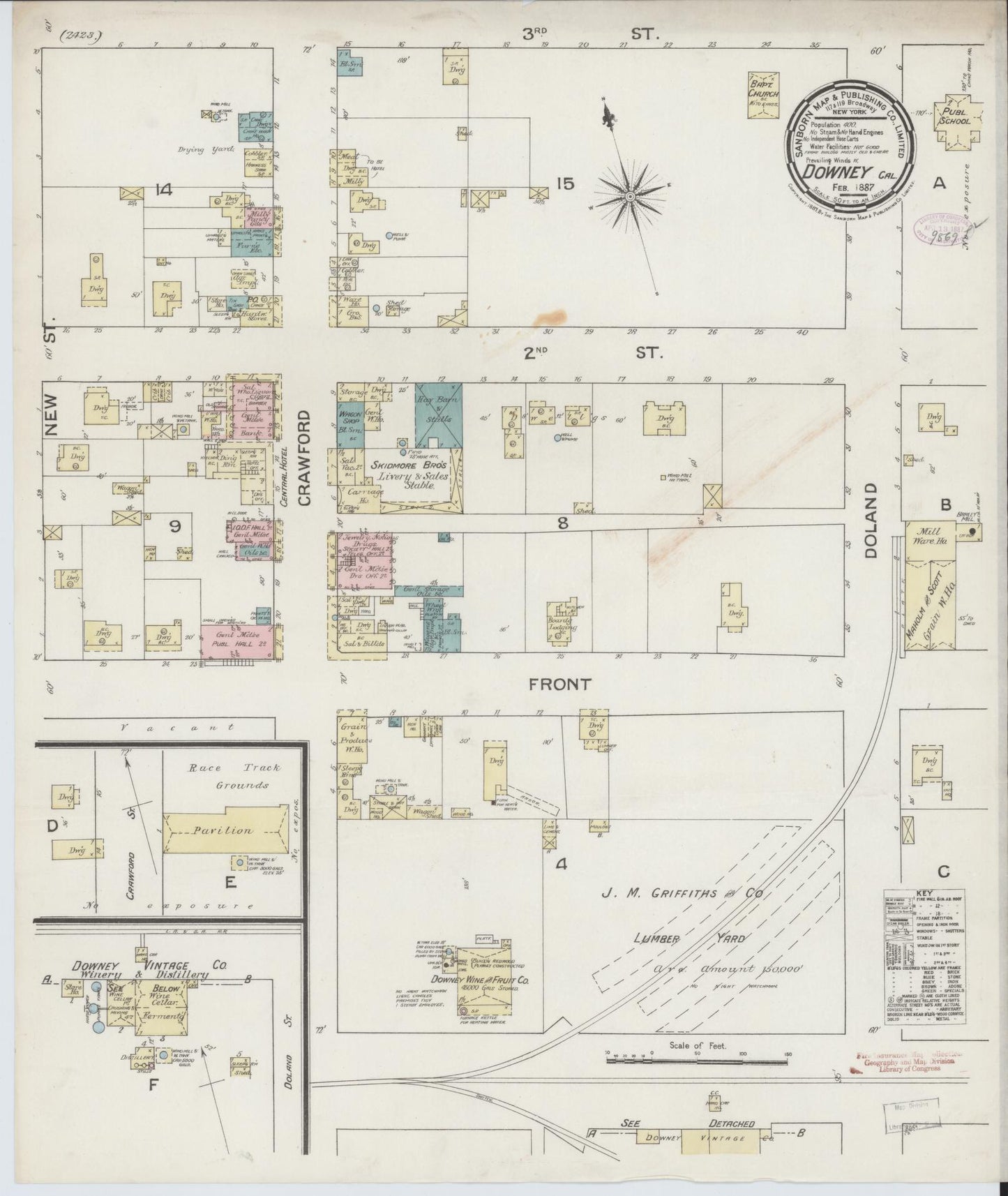 Sanborn Fire Insurance Map from Downey, Los Angeles County, California (1887), Sheet #0001 - Historic Sanborn Fire Insurance Map Print, vintage old map wall art, antique decor, genealogy gift, California California map