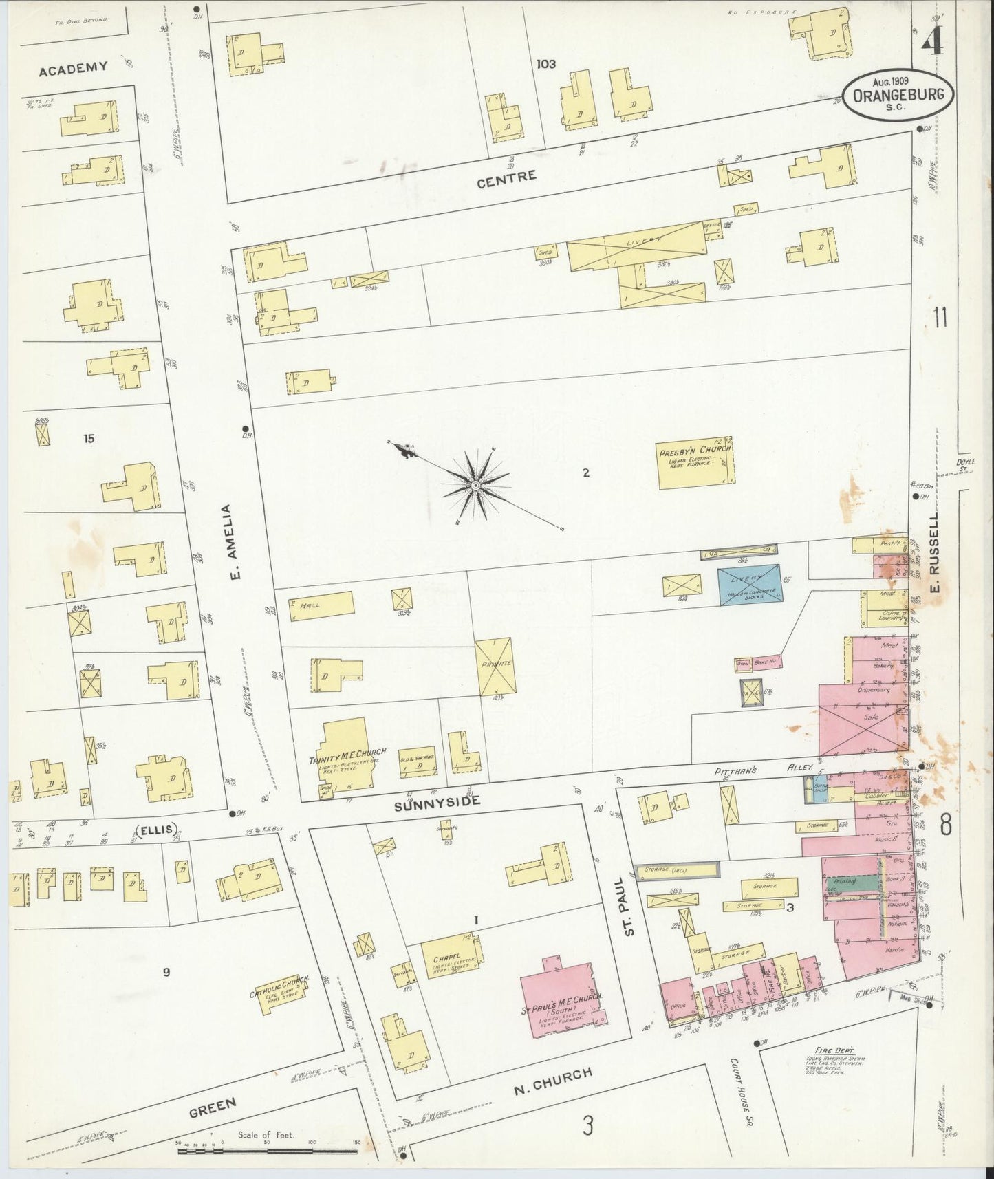 Sanborn Fire Insurance Map from Orangeburg, Orangeburg County, South Carolina (1909), Sheet #0004 - Historic Sanborn Fire Insurance Map Print, vintage old map wall art, antique decor, genealogy gift, South Carolina South Carolina map