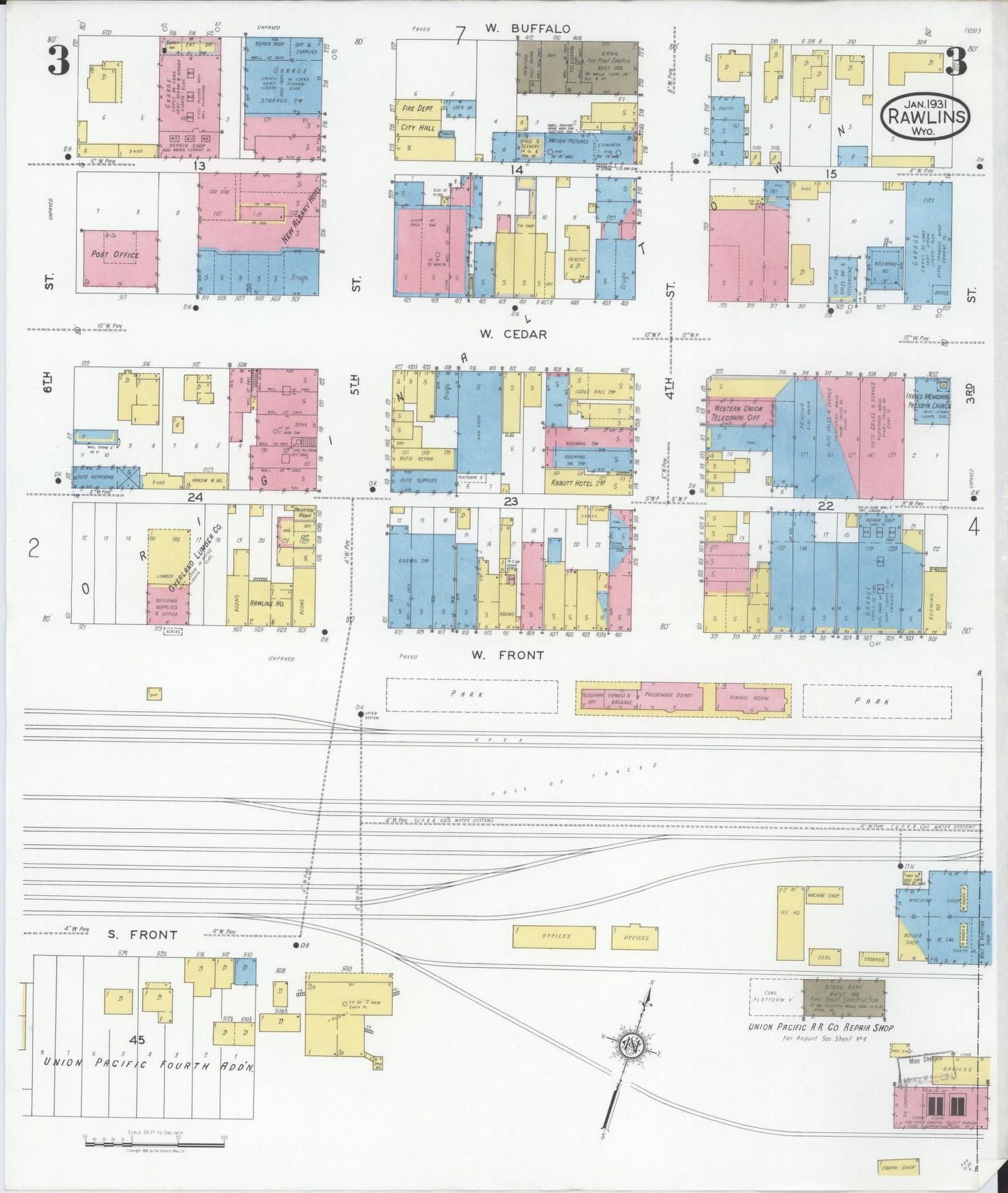 Sanborn Fire Insurance Map from Rawlins, Carbon County, Wyoming (1931), Sheet #0003 - Historic Sanborn Fire Insurance Map Print, vintage old map wall art, antique decor, genealogy gift, Wyoming Wyoming map