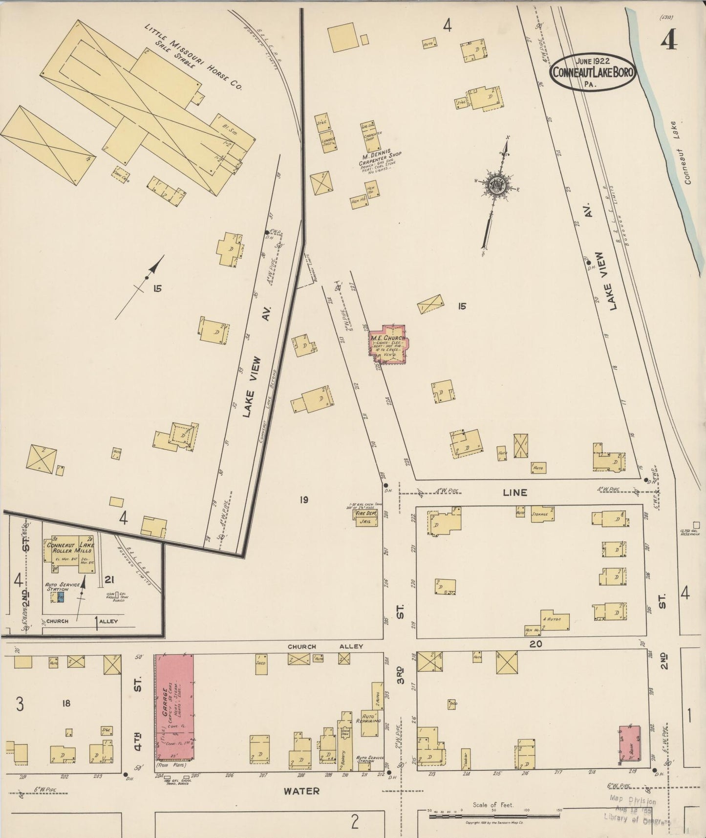 Sanborn Fire Insurance Map from Conneaut Lake Borough, Crawford County, Pennsylvania (1922), Sheet #0004 - Historic Sanborn Fire Insurance Map Print, vintage old map wall art, antique decor, genealogy gift, Pennsylvania Pennsylvania map