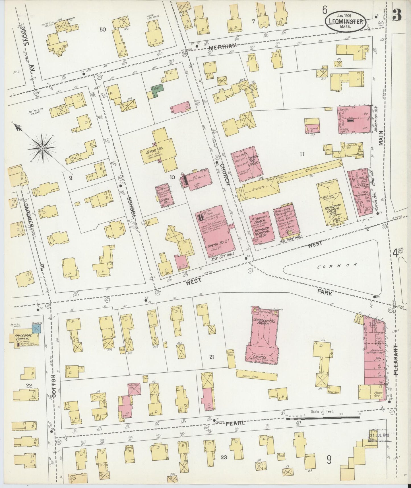 Sanborn Fire Insurance Map from Leominster, Worcester County, Massachusetts (1901), Sheet #0003 - Historic Sanborn Fire Insurance Map Print, vintage old map wall art, antique decor, genealogy gift, Massachusetts Massachusetts map