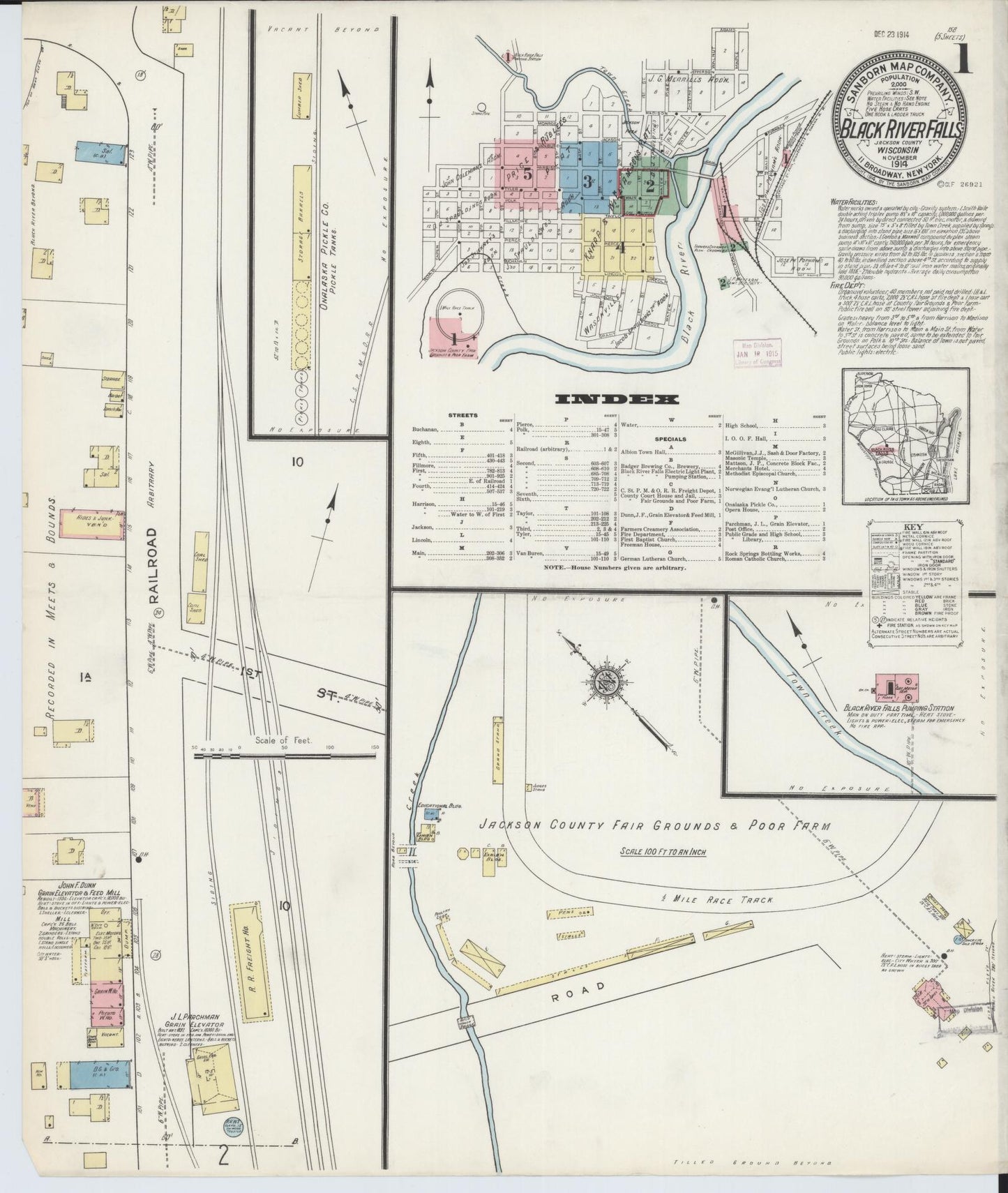 Sanborn Fire Insurance Map from Black River Falls, Jackson County, Wisconsin (1914), Sheet #0001 - Historic Sanborn Fire Insurance Map Print, vintage old map wall art, antique decor, genealogy gift, Wisconsin Wisconsin map