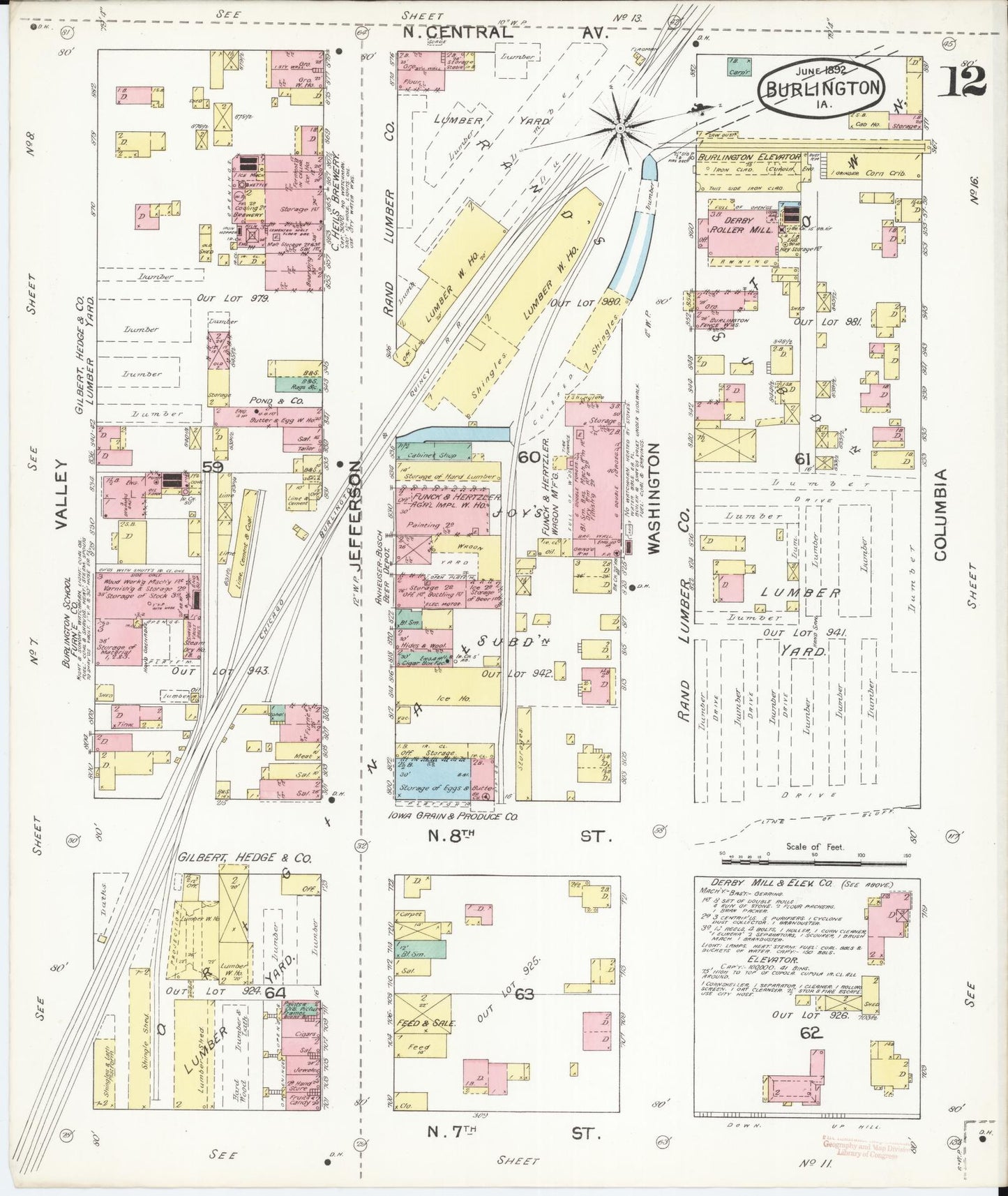 Sanborn Fire Insurance Map from Burlington, Des Moines County, Iowa (1892), Sheet #0012 - Historic Sanborn Fire Insurance Map Print, vintage old map wall art