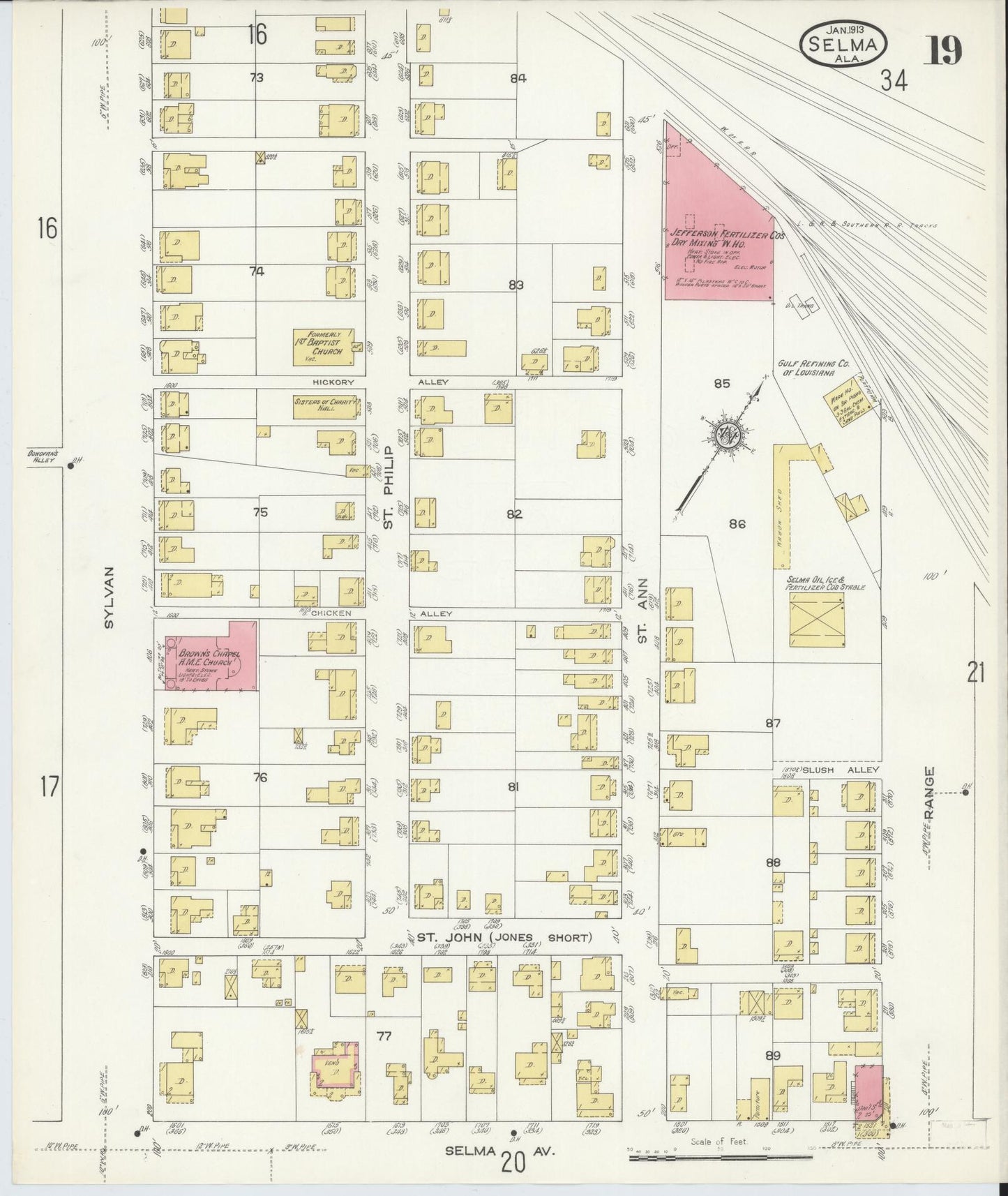 Sanborn Fire Insurance Map from Selma, Dallas County, Alabama (1913), Sheet #0019 - Historic Sanborn Fire Insurance Map Print, vintage old map wall art, antique decor, genealogy gift, Alabama Alabama map