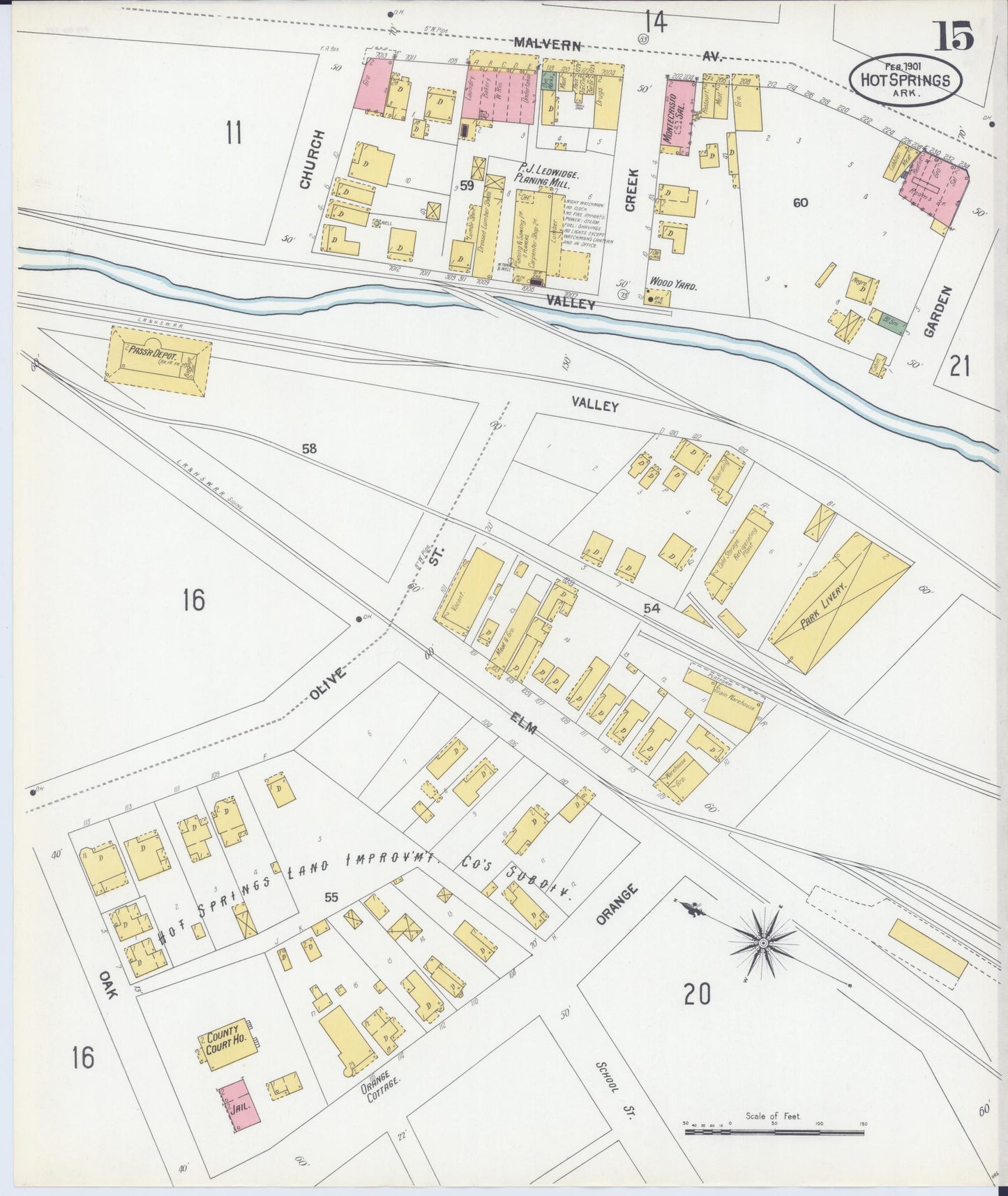 Sanborn Fire Insurance Map from Hot Springs, Garland County, Arkansas (1901), Sheet #0015 - Historic Sanborn Fire Insurance Map Print, vintage old map wall art, antique decor, genealogy gift, Arkansas Arkansas map