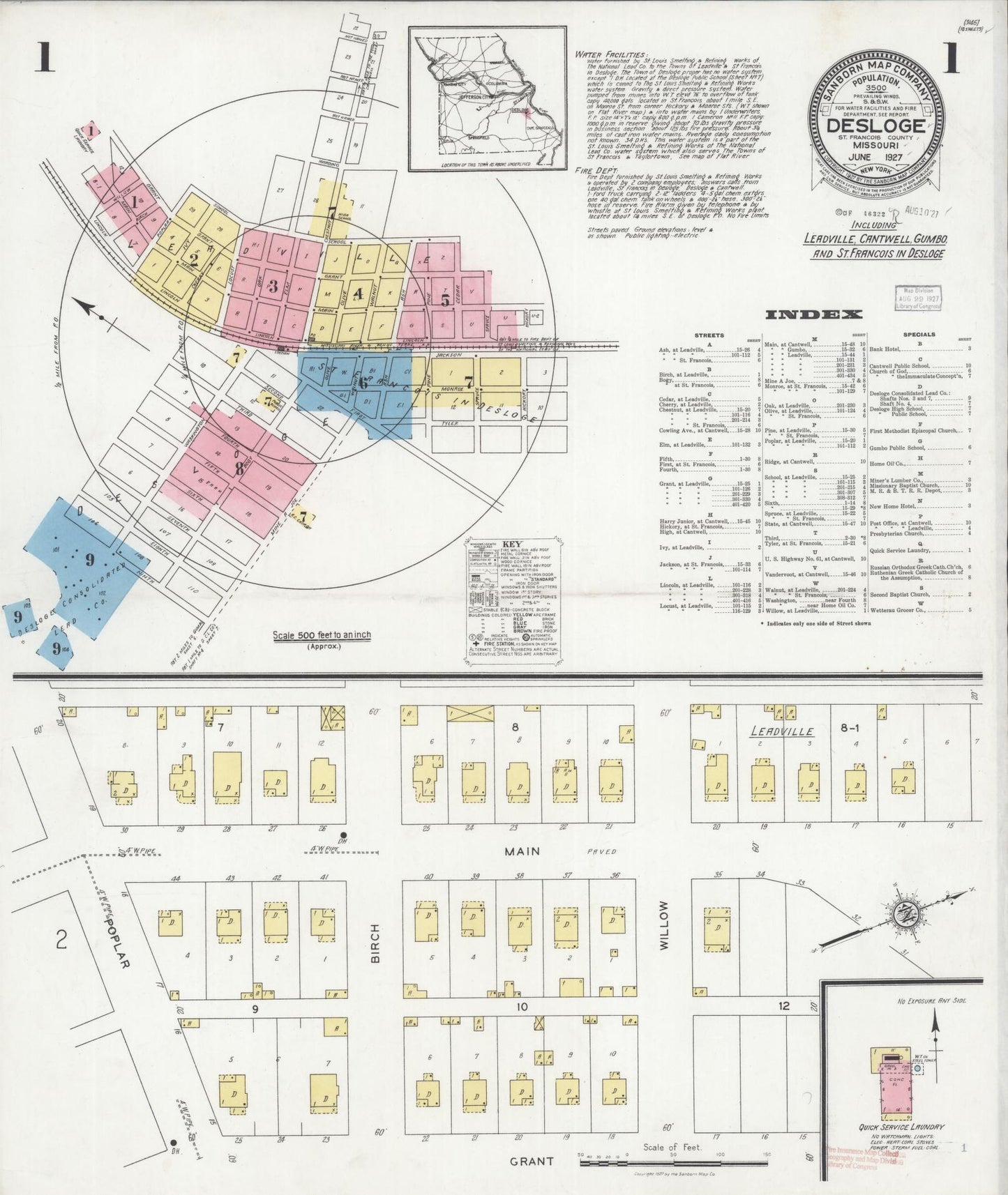 Sanborn Fire Insurance Map from Desloge, Saint Francois County, Missouri (1927), Sheet #0001 - Historic Sanborn Fire Insurance Map Print, vintage old map wall art, antique decor, genealogy gift, Missouri Missouri map