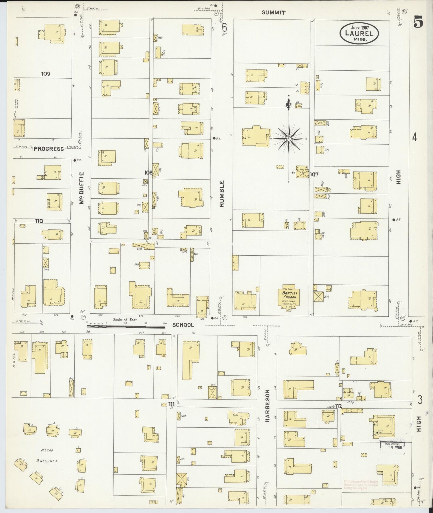 Sanborn Fire Insurance Map from Laurel, Jones County, Mississippi (1907), Sheet #0005 - Historic Sanborn Fire Insurance Map Print, vintage old map wall art, antique decor, genealogy gift, Mississippi Mississippi map