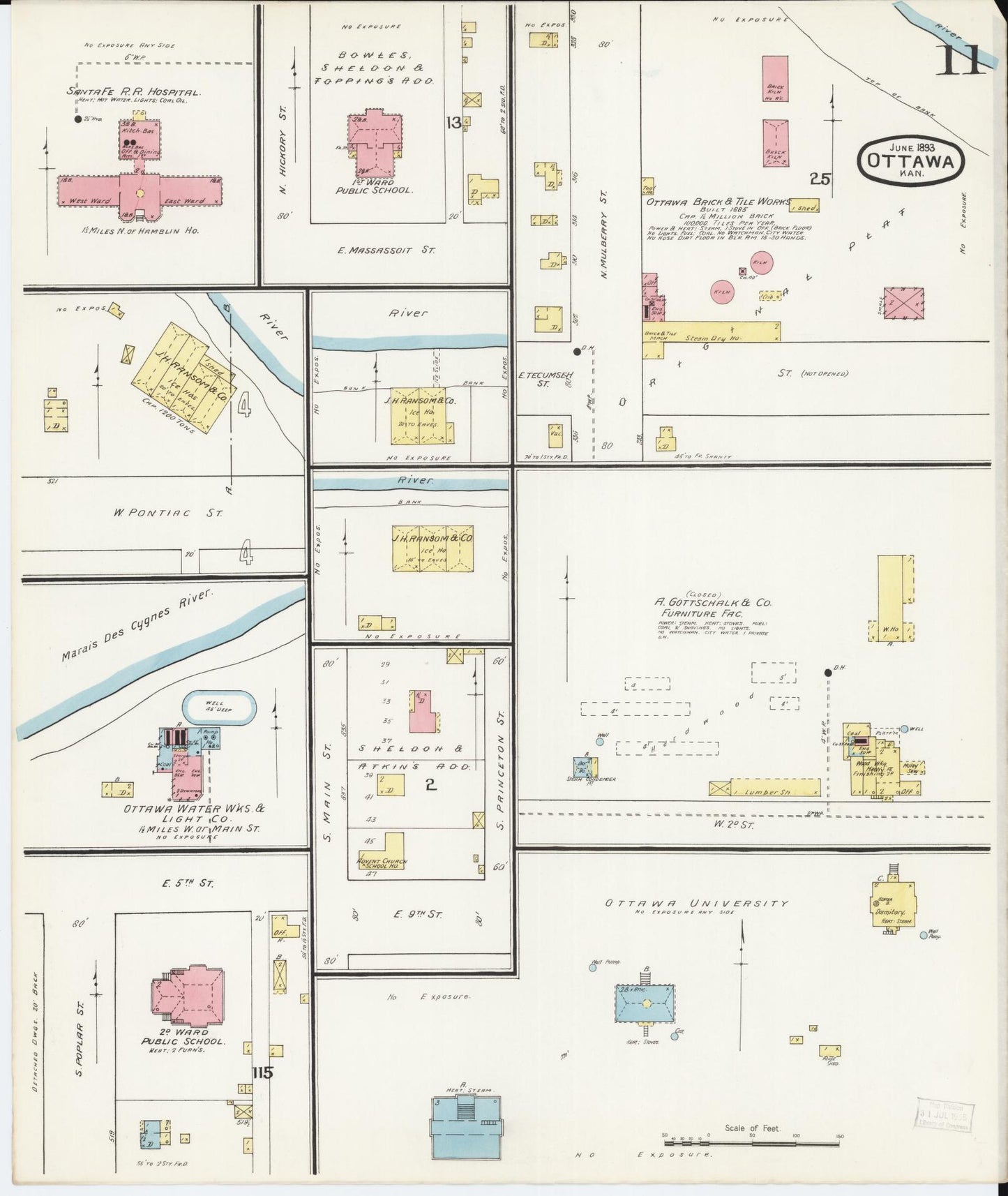 Sanborn Fire Insurance Map from Ottawa, Franklin County, Kansas (1893), Sheet #0011 - Historic Sanborn Fire Insurance Map Print, vintage old map wall art, antique decor, genealogy gift, Kansas Kansas map