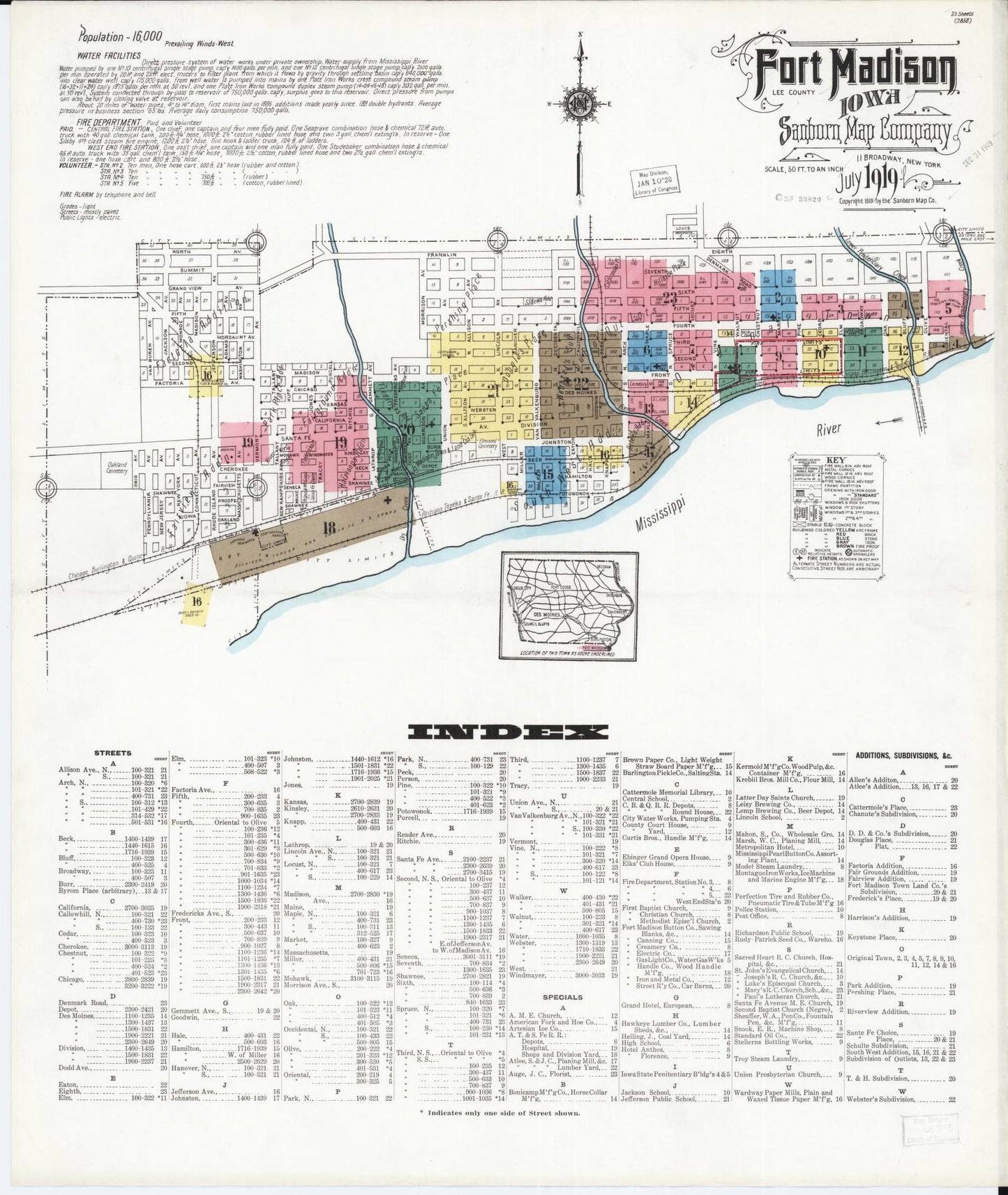 Sanborn Fire Insurance Map from Fort Madison, Lee County, Iowa (1919), Sheet #0001 - Historic Sanborn Fire Insurance Map Print, vintage old map wall art