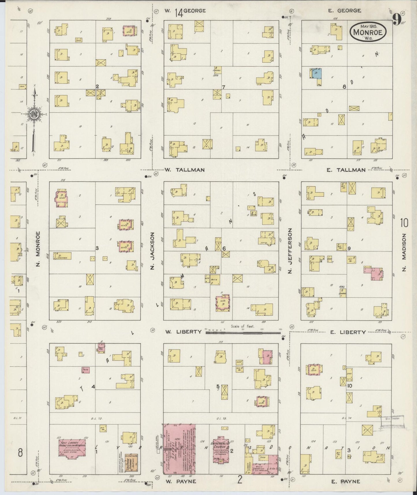 Sanborn Fire Insurance Map from Monroe, Green County, Wisconsin (1915), Sheet #0009 - Historic Sanborn Fire Insurance Map Print, vintage old map wall art, antique decor, genealogy gift, Wisconsin Wisconsin map