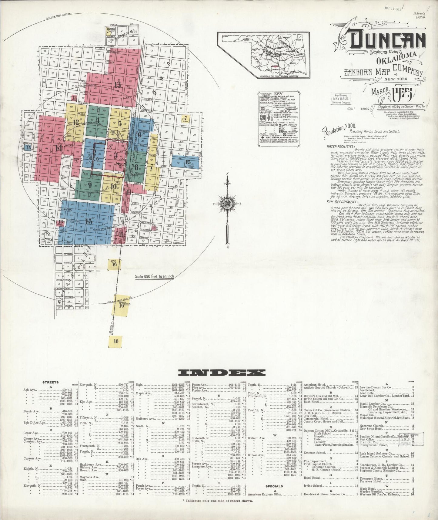 Sanborn Fire Insurance Map from Duncan, Stephens County, Oklahoma (1923), Sheet #0001 - Historic Sanborn Fire Insurance Map Print, vintage old map wall art, antique decor, genealogy gift, Oklahoma Oklahoma map
