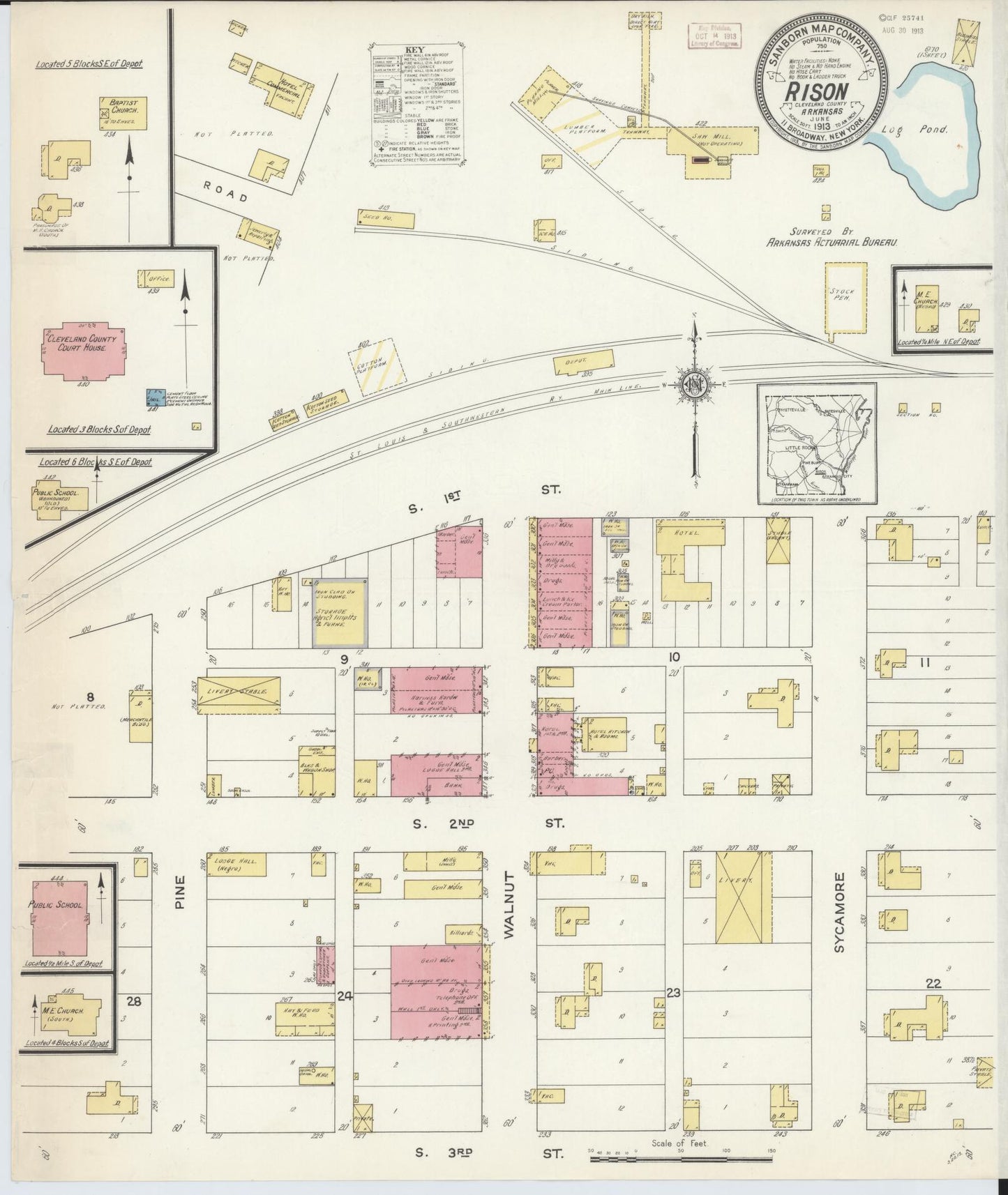 Sanborn Fire Insurance Map from Rison, Cleveland County, Arkansas (1913), Sheet #0001 - Historic Sanborn Fire Insurance Map Print, vintage old map wall art, antique decor, genealogy gift, Arkansas Arkansas map