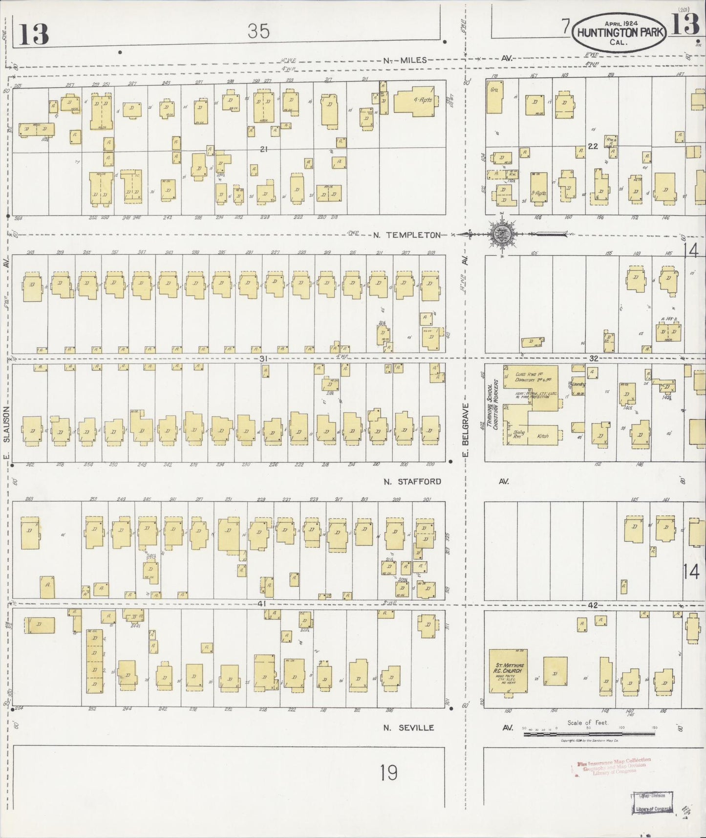 Sanborn Fire Insurance Map from Huntington Park, Los Angeles County, California (1924), Sheet #0013 - Historic Sanborn Fire Insurance Map Print, vintage old map wall art, antique decor, genealogy gift, California California map