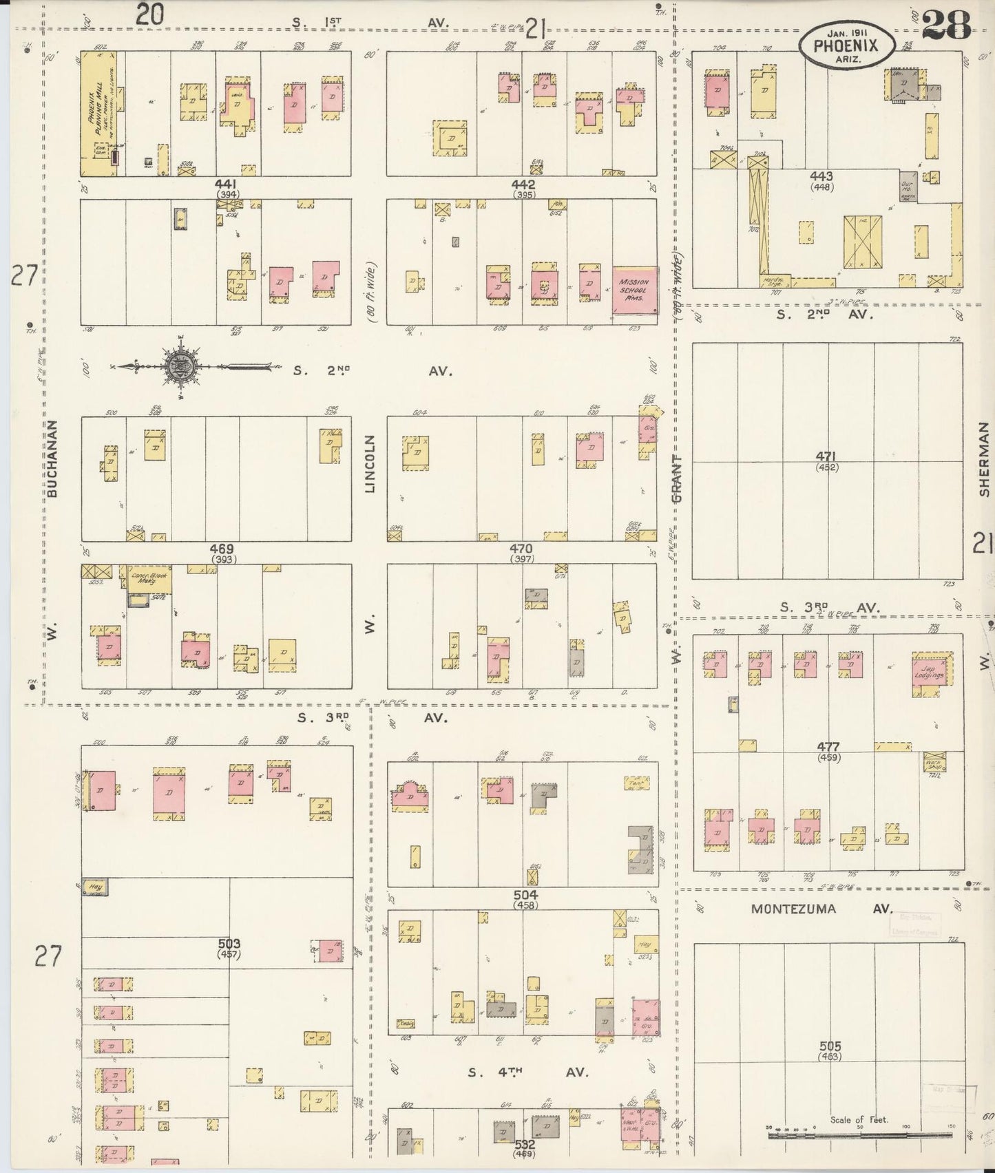 Sanborn Fire Insurance Map from Phoenix, Maricopa County, Arizona (1911), Sheet #0028 - Historic Sanborn Fire Insurance Map Print, vintage old map wall art, antique decor, genealogy gift, Arizona Arizona map