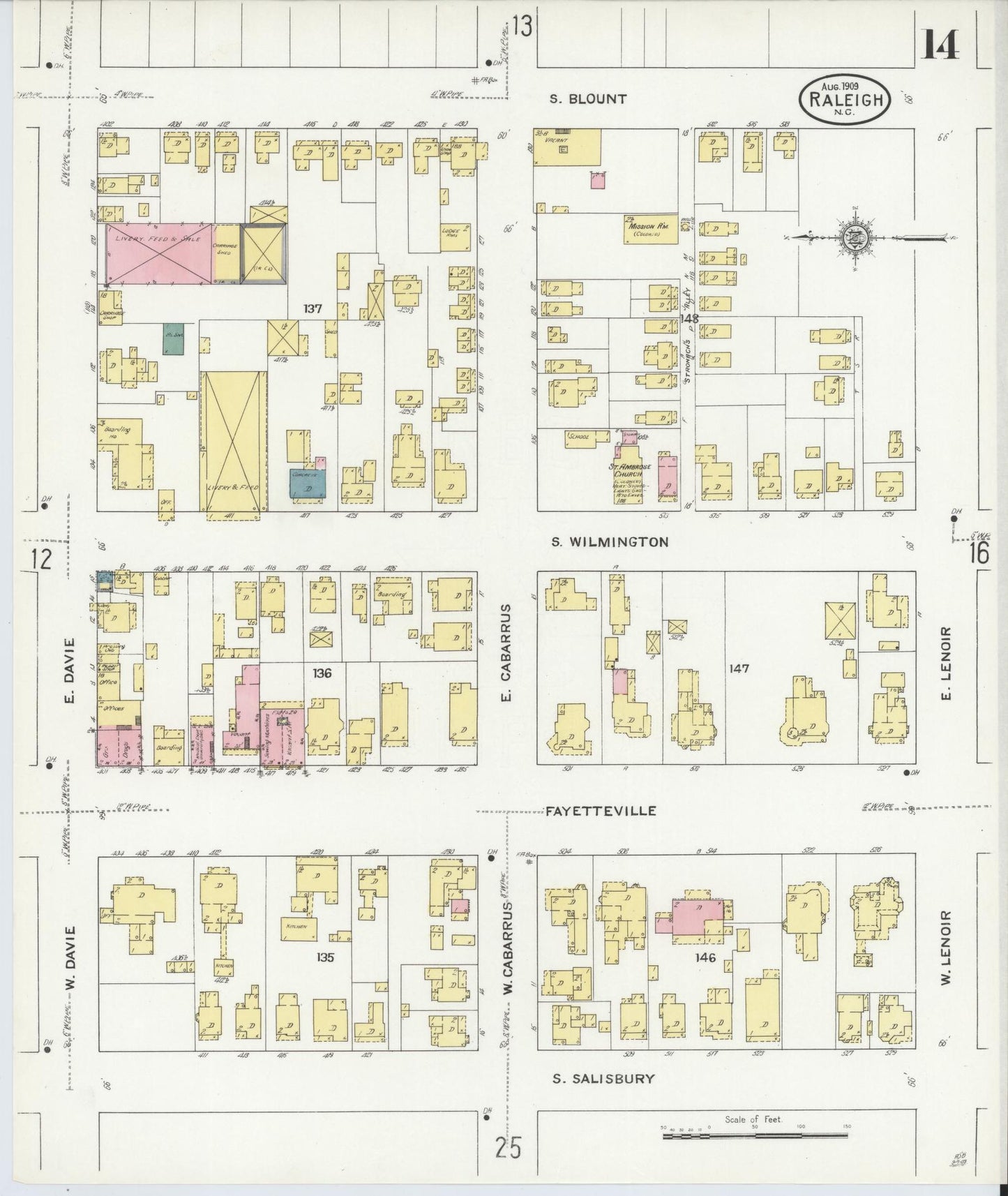 Sanborn Fire Insurance Map from Raleigh, Wake County, North Carolina (1909), Sheet #0014 - Historic Sanborn Fire Insurance Map Print, vintage old map wall art, antique decor, genealogy gift, North Carolina North Carolina map
