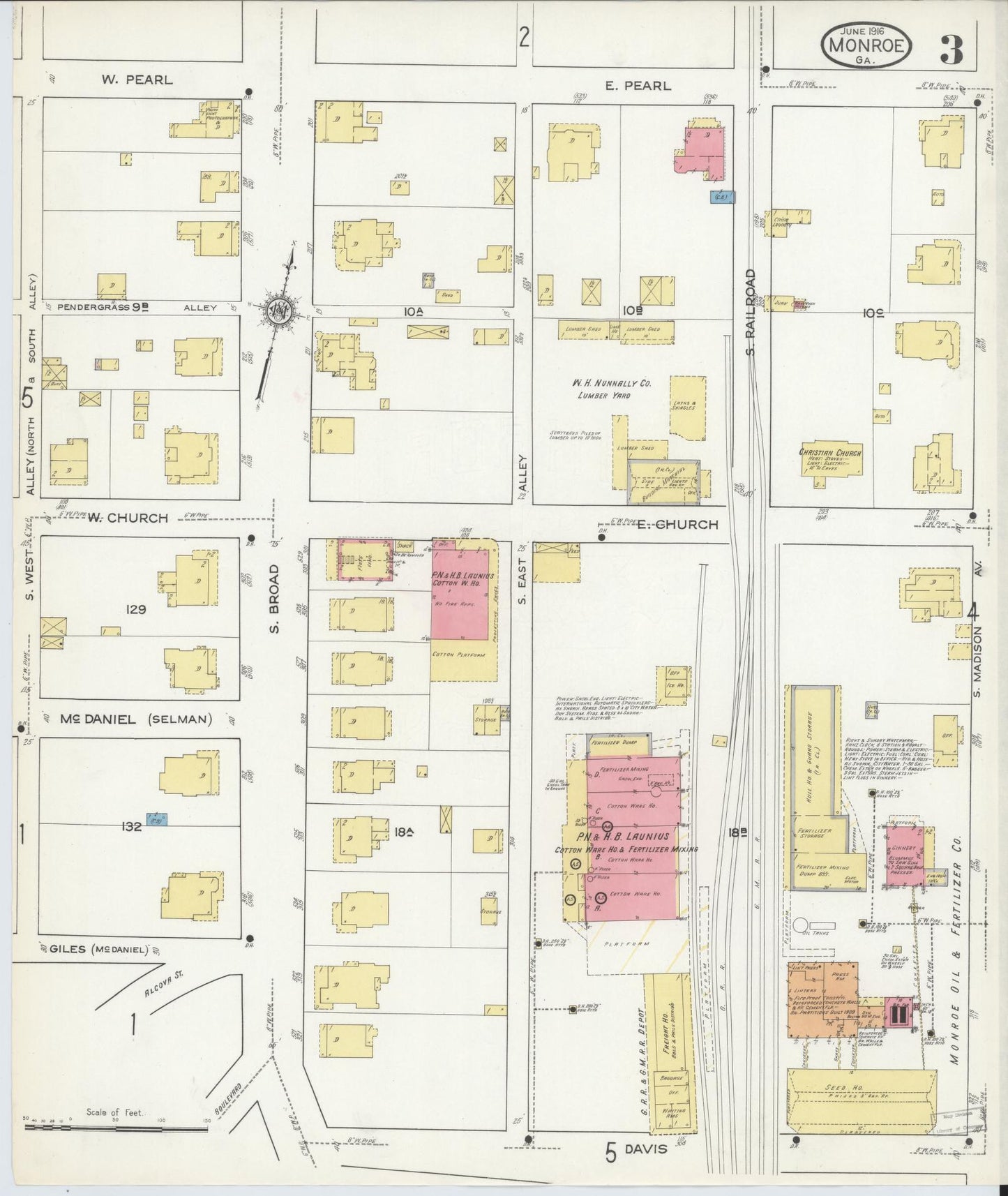 Sanborn Fire Insurance Map from Monroe, Walton County, Georgia (1916), Sheet #0003 - Historic Sanborn Fire Insurance Map Print, vintage old map wall art, antique decor, genealogy gift, Georgia Georgia map