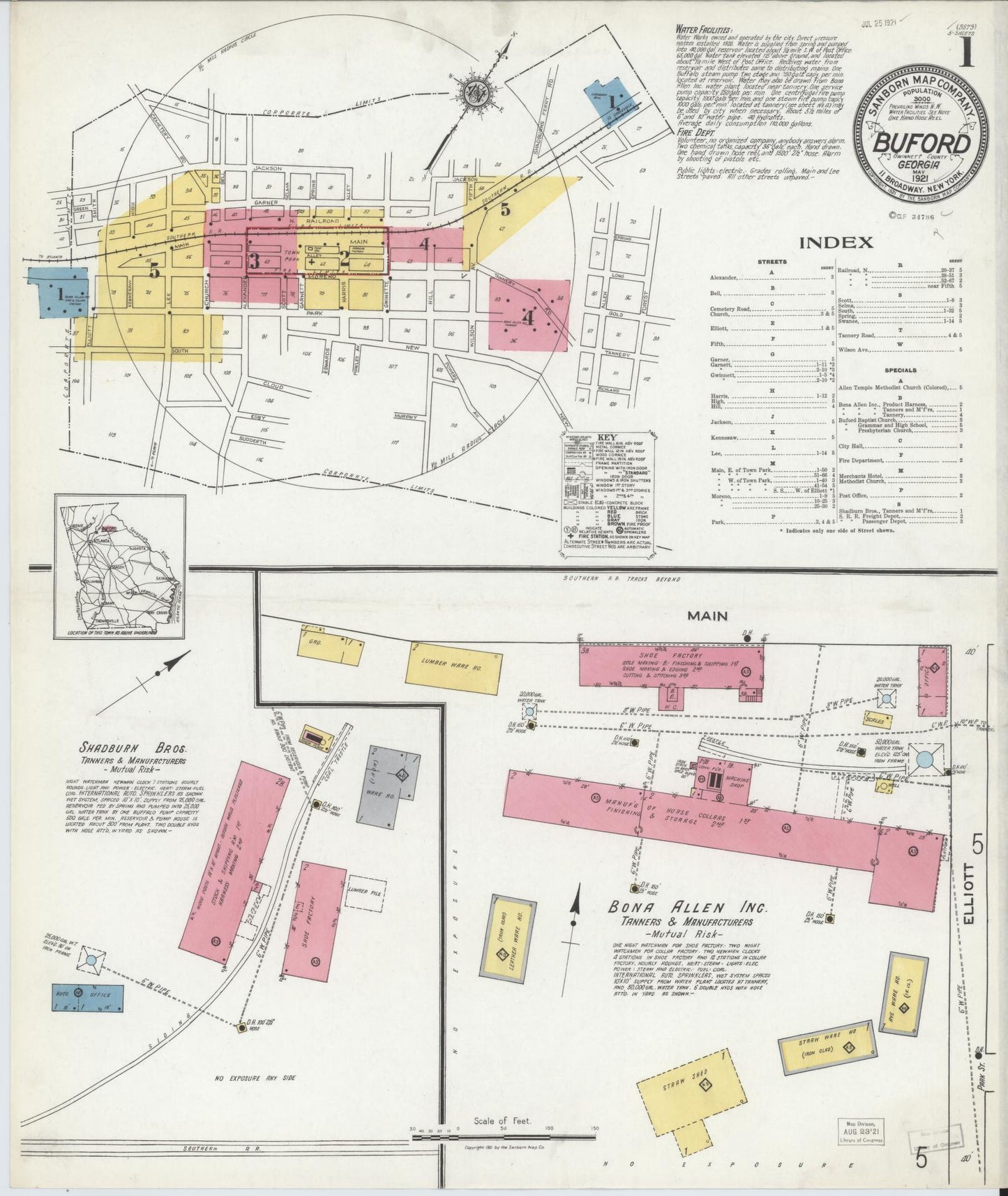 Sanborn Fire Insurance Map from Buford, Gwinnett County, Georgia. (1921) – Historic Sanborn Fire Insurance Map Print