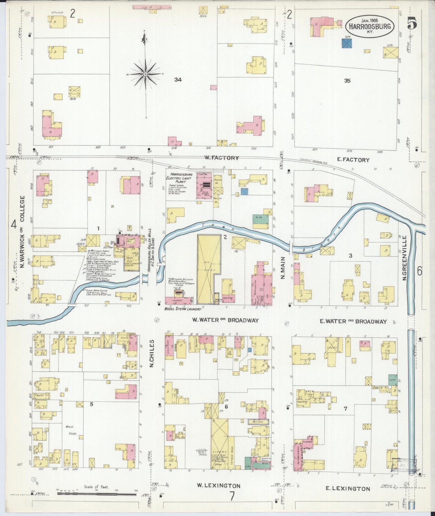 Sanborn Fire Insurance Map from Harrodsburg, Mercer County, Kentucky (1908), Sheet #0005 - Historic Sanborn Fire Insurance Map Print, vintage old map wall art, antique decor, genealogy gift, Kentucky Kentucky map