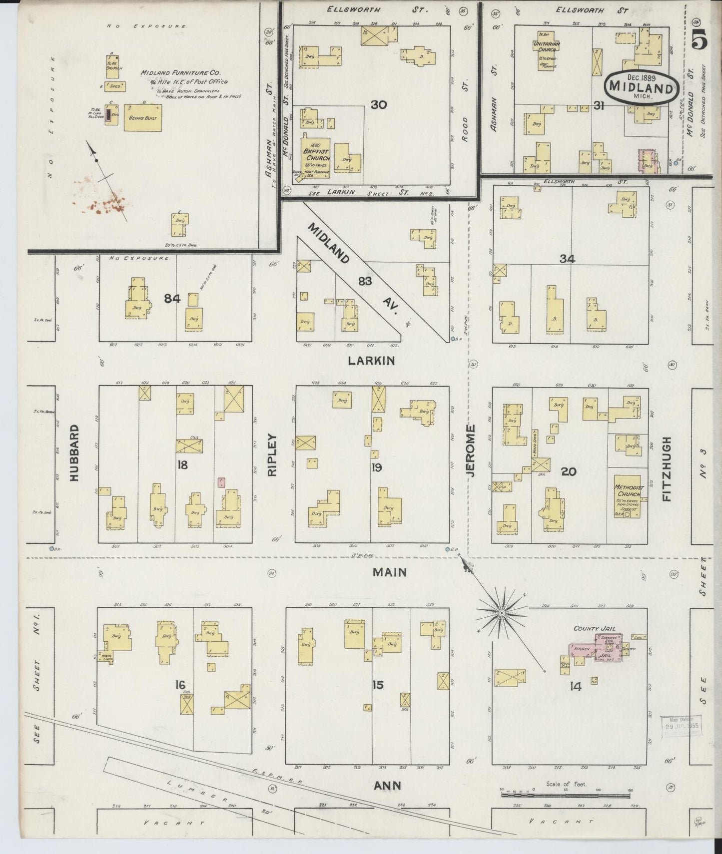 Sanborn Fire Insurance Map from Midland, Midland County, Michigan (1889), Sheet #0005 - Complete Map Set gallery image, historic Sanborn map, vintage wall art, Michigan Michigan