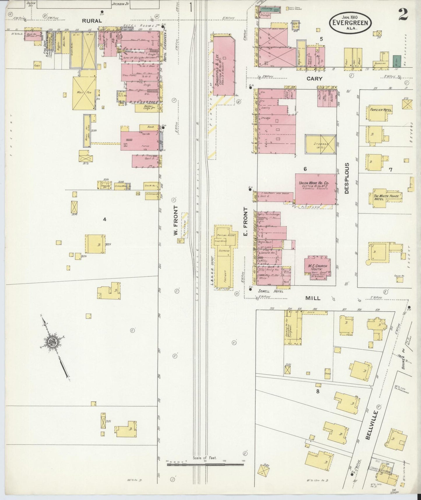 Sanborn Fire Insurance Map from Evergreen, Conecuh County, Alabama (1910), Sheet #0002 - Historic Sanborn Fire Insurance Map Print, vintage old map wall art, antique decor, genealogy gift, Alabama Alabama map