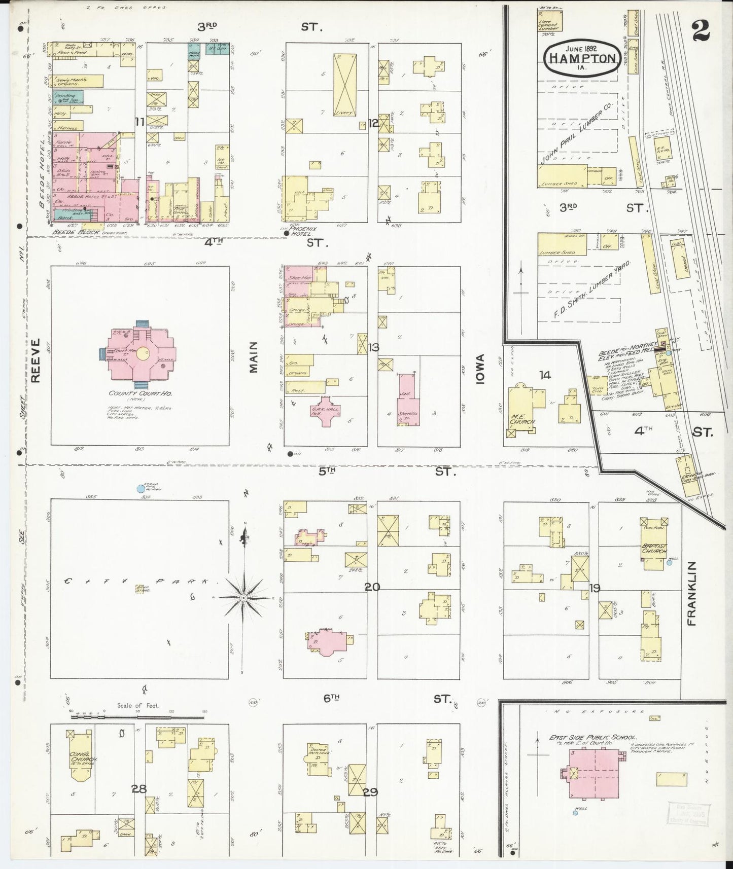 Sanborn Fire Insurance Map from Hampton, Franklin County, Iowa (1892), Sheet #0002 - Historic Sanborn Fire Insurance Map Print, vintage old map wall art