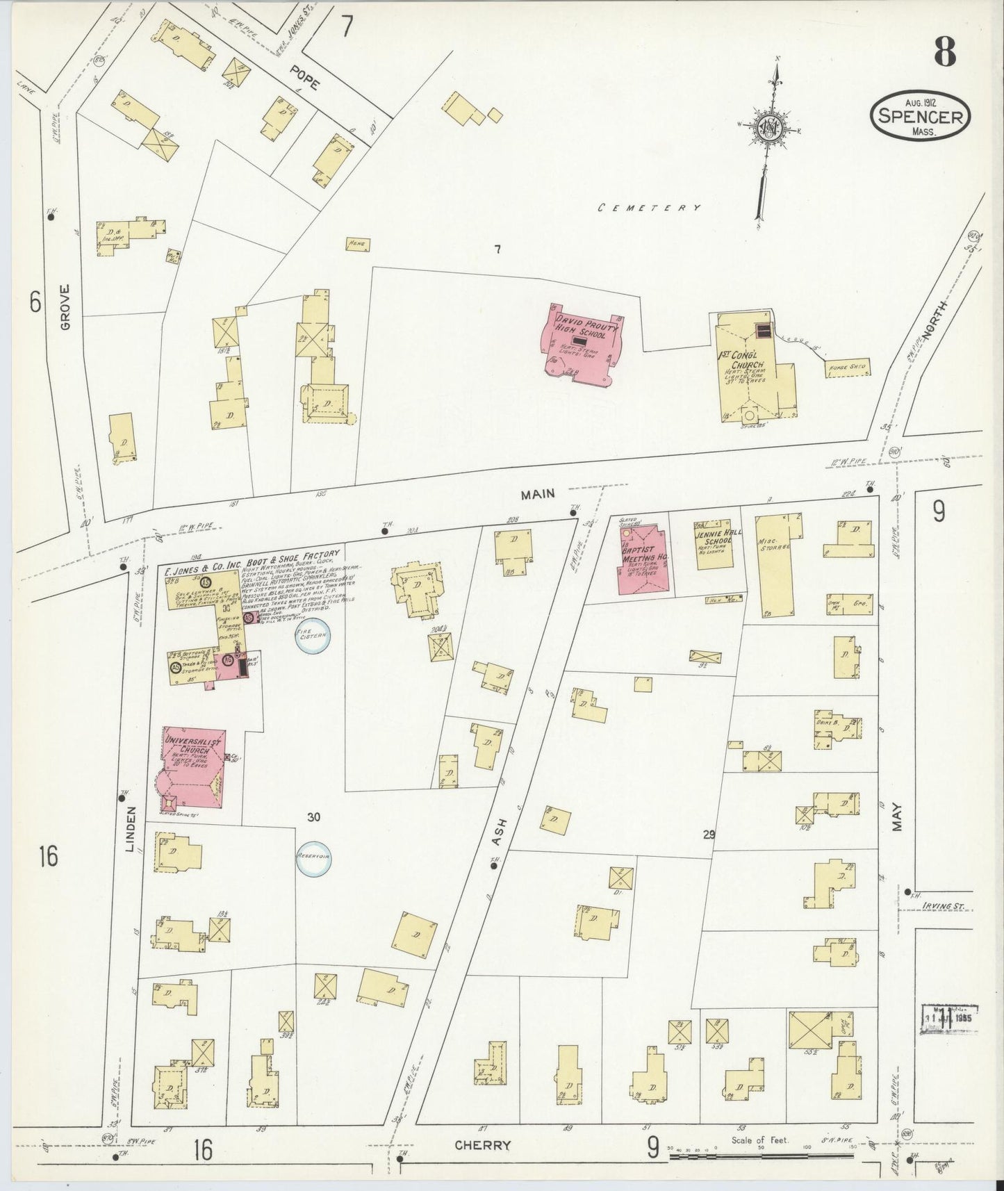 Sanborn Fire Insurance Map from Spencer, Worcester County, Massachusetts (1912), Sheet #0008 - Historic Sanborn Fire Insurance Map Print, vintage old map wall art, antique decor, genealogy gift, Massachusetts Massachusetts map