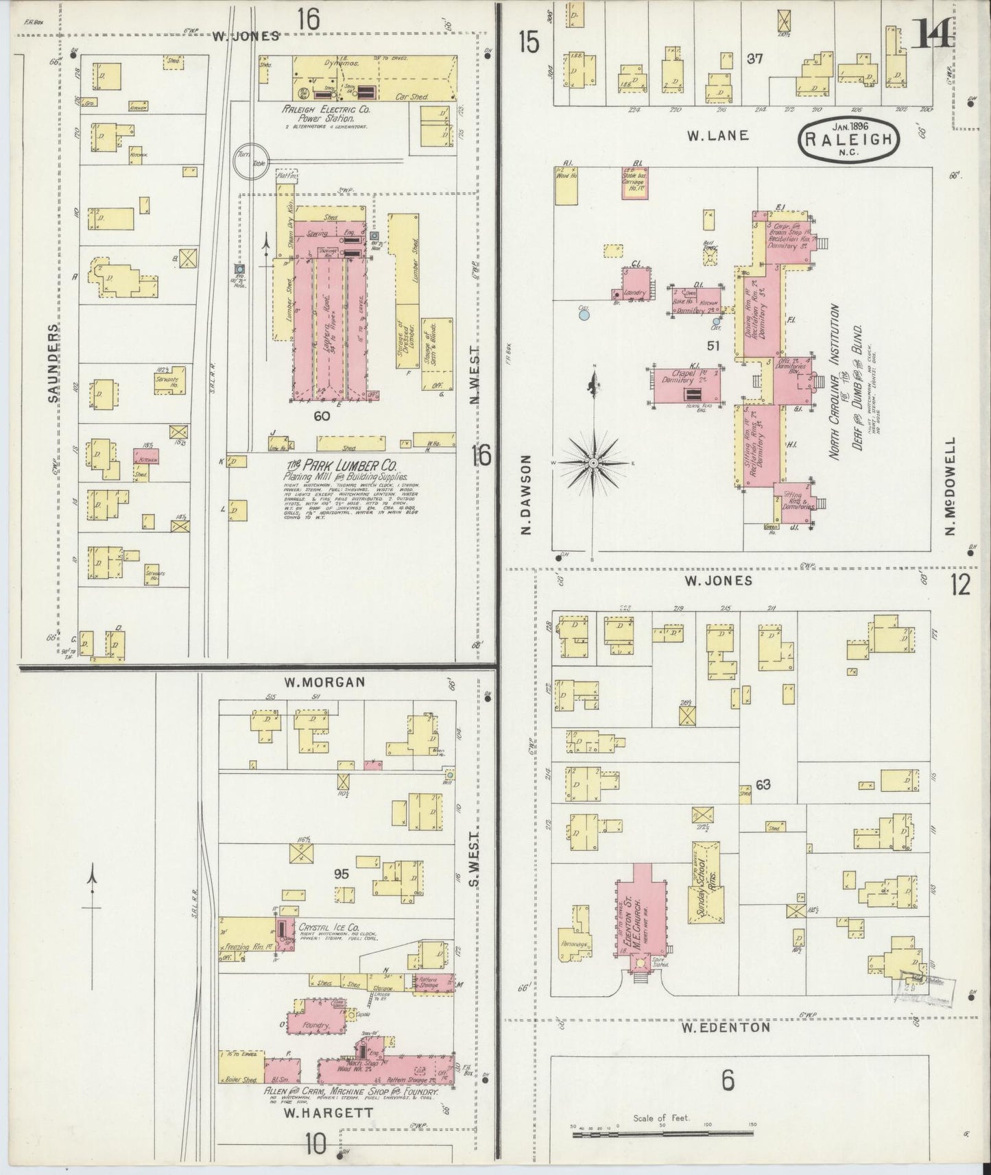 Sanborn Fire Insurance Map from Raleigh, Wake County, North Carolina (1896), Sheet #0014 - Historic Sanborn Fire Insurance Map Print, vintage old map wall art, antique decor, genealogy gift, North Carolina North Carolina map