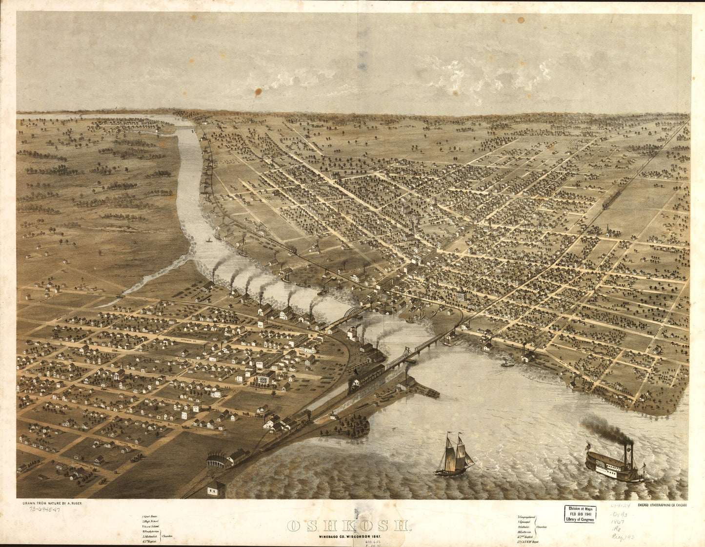 Oshkosh, Winebago Co., Wisconsin 1867. (1867) – Historic Bird’s-Eye View Panorama Print