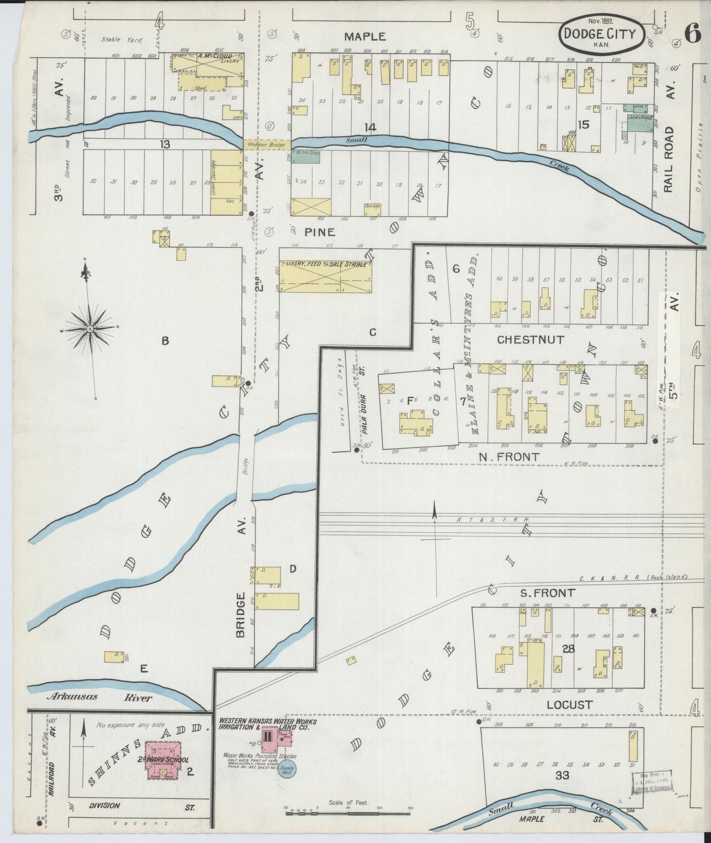 Sanborn Fire Insurance Map from Dodge City, Ford County, Kansas (1892), Sheet #0006 - Historic Sanborn Fire Insurance Map Print, vintage old map wall art, antique decor, genealogy gift, Kansas Kansas map