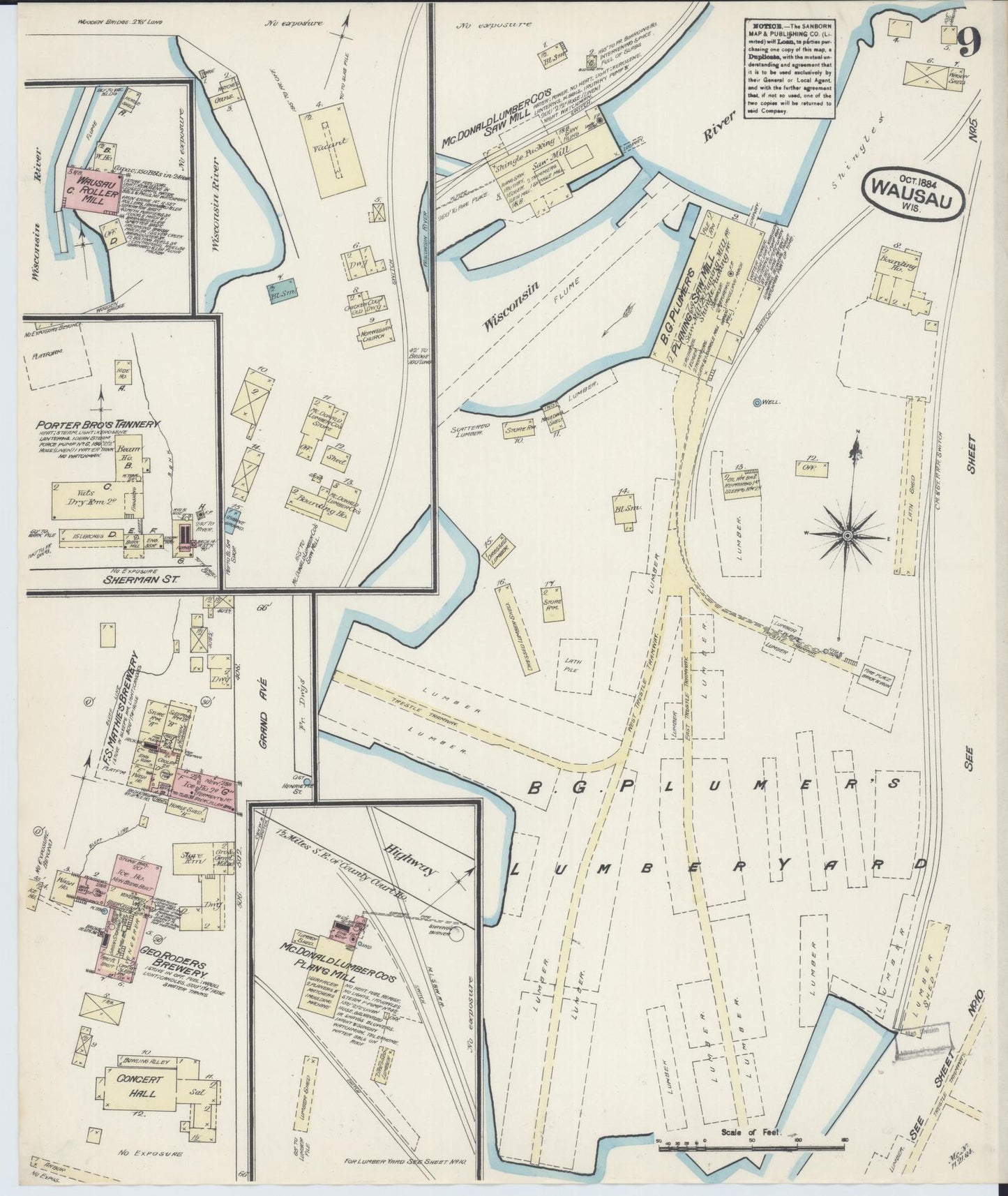 Sanborn Fire Insurance Map from Wausau, Marathon County, Wisconsin (1884), Sheet #0009 - Historic Sanborn Fire Insurance Map Print, vintage old map wall art, antique decor, genealogy gift, Wisconsin Wisconsin map