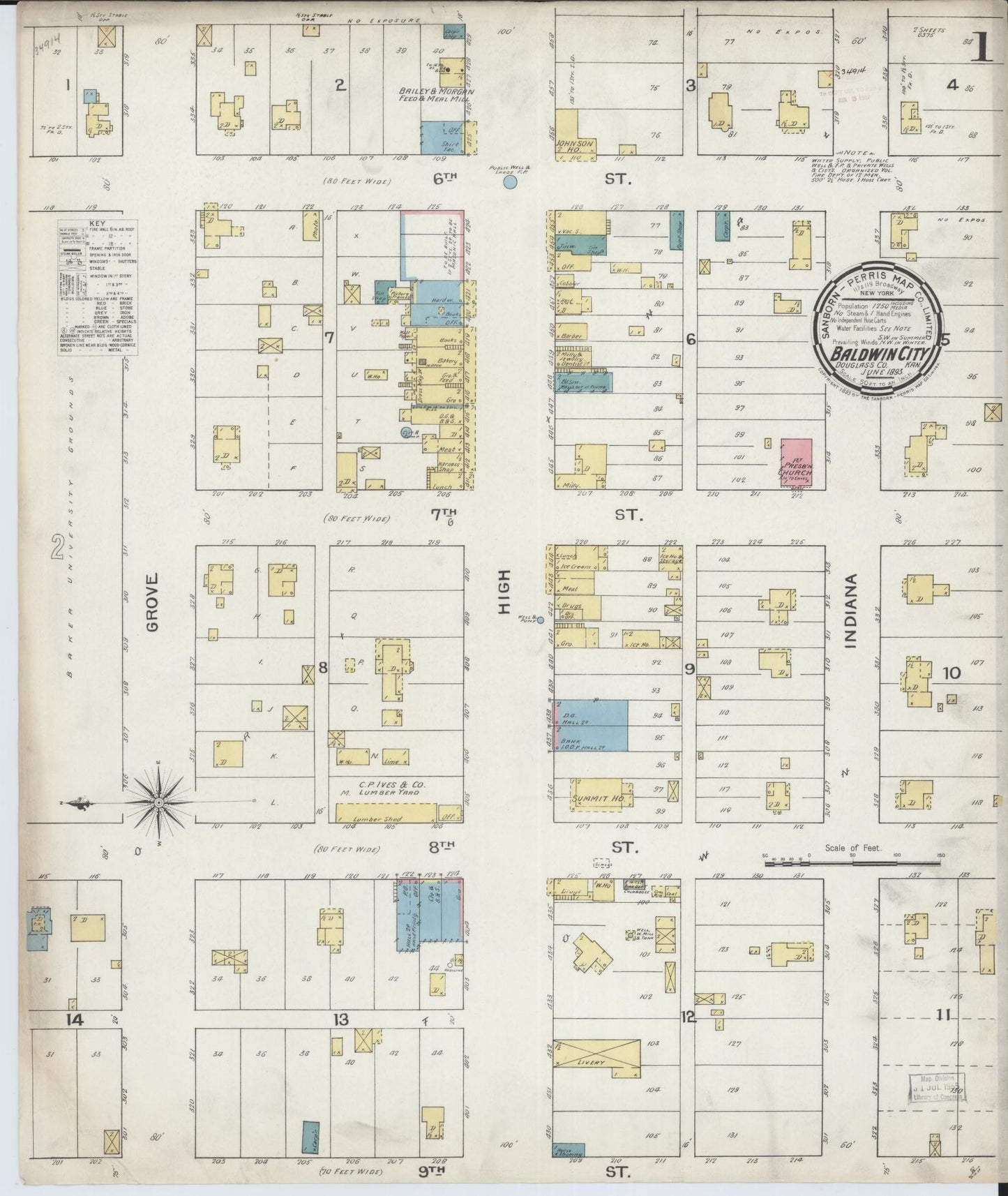 Sanborn Fire Insurance Map from Baldwin City, Douglas County, Kansas (1893), Sheet #0001 - Historic Sanborn Fire Insurance Map Print, vintage old map wall art, antique decor, genealogy gift, Kansas Kansas map