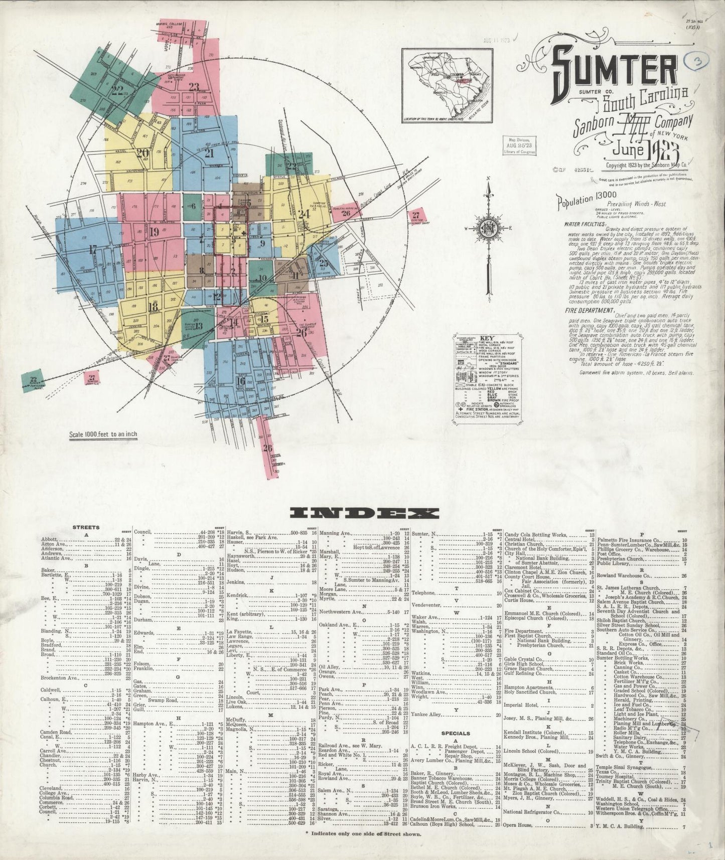 Sanborn Fire Insurance Map from Sumter, Sumter County, South Carolina (1923), Sheet #0001 - Historic Sanborn Fire Insurance Map Print, vintage old map wall art, antique decor, genealogy gift, South Carolina South Carolina map