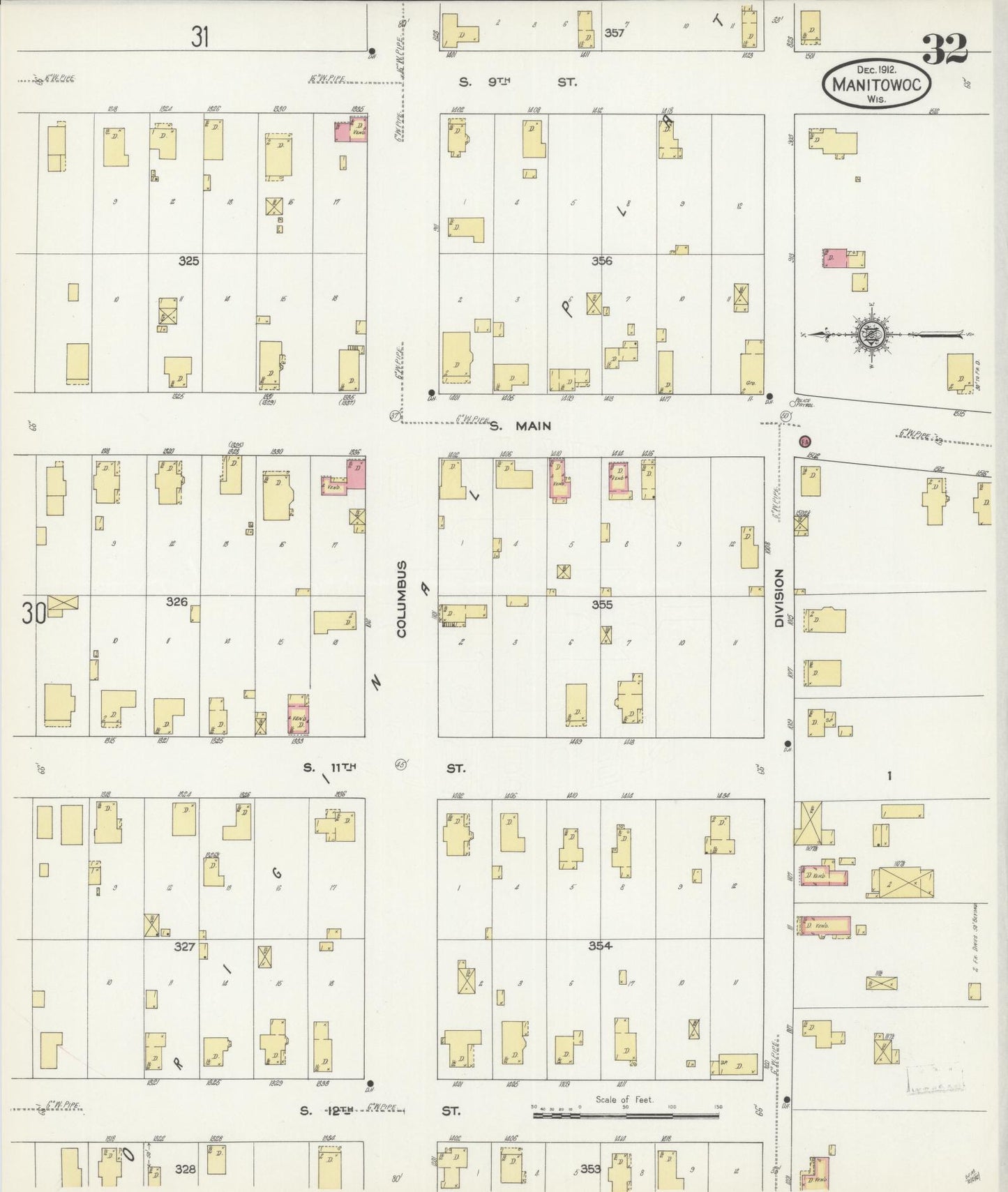 Sanborn Fire Insurance Map from Manitowoc, Manitowoc County, Wisconsin (1912), Sheet #0032 - Historic Sanborn Fire Insurance Map Print, vintage old map wall art, antique decor, genealogy gift, Wisconsin Wisconsin map