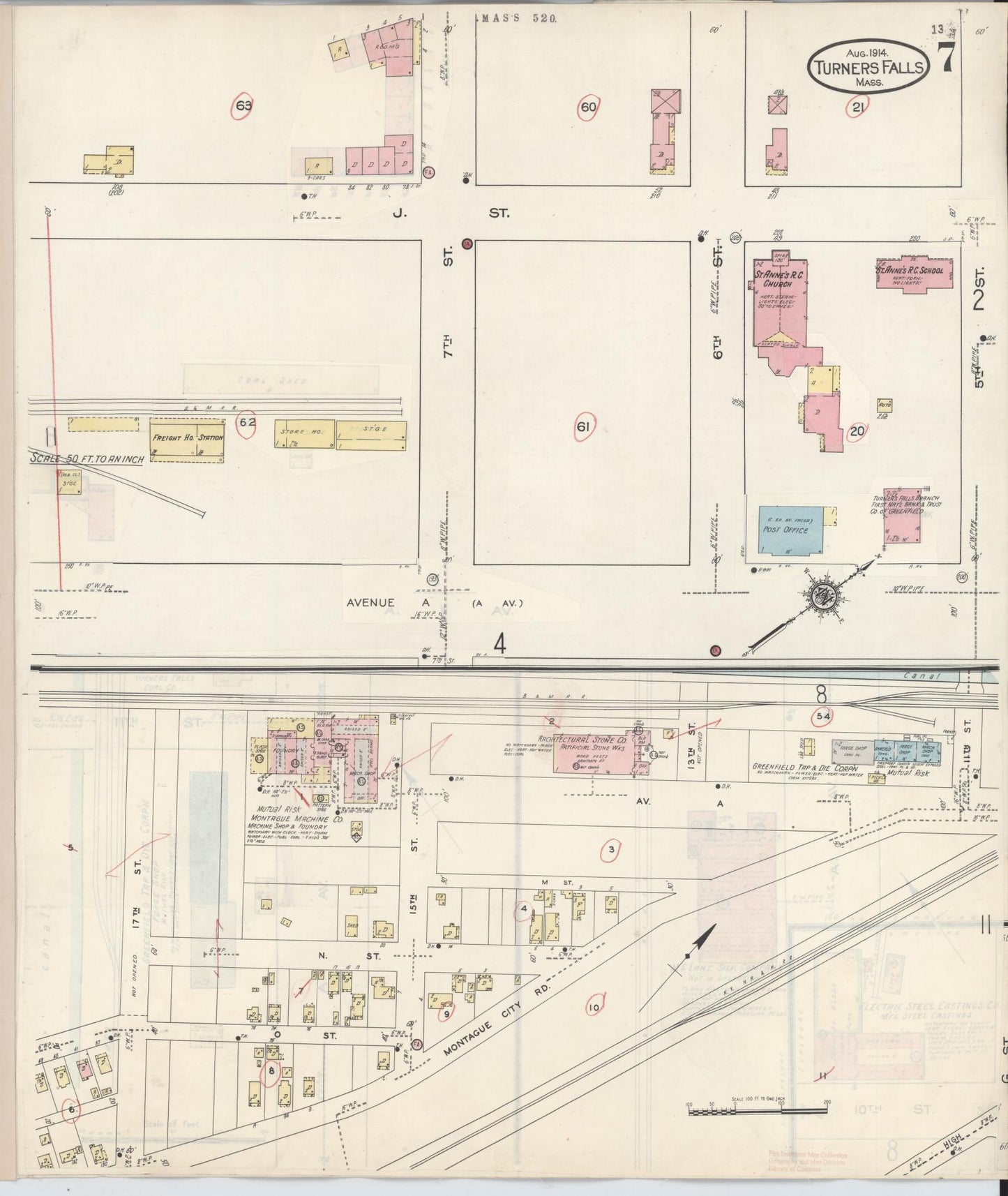 Sanborn Fire Insurance Map from Turners Falls, Franklin County, Massachusetts (1940), Sheet #0007 - Historic Sanborn Fire Insurance Map Print, vintage old map wall art, antique decor, genealogy gift, Massachusetts Massachusetts map