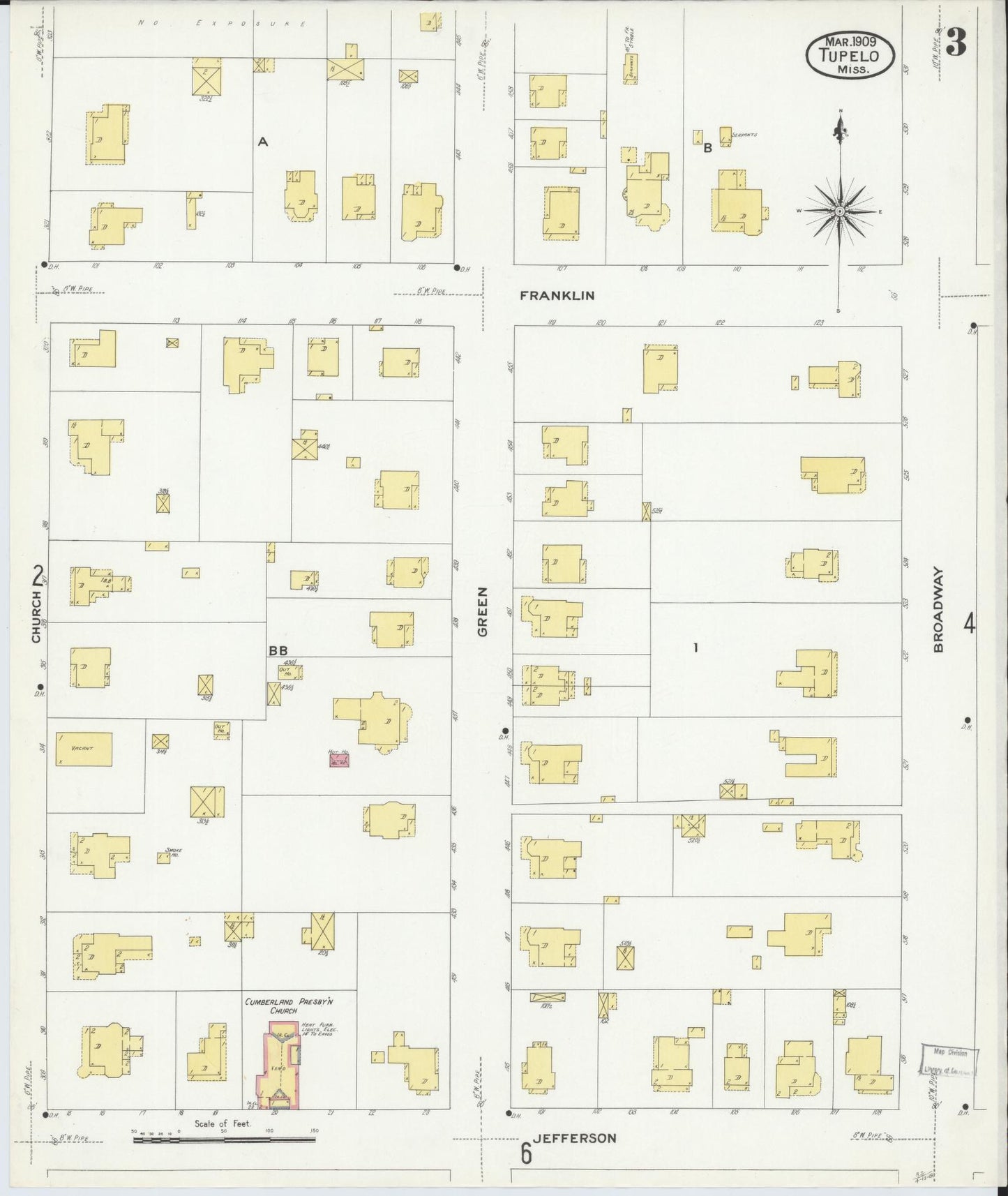 Sanborn Fire Insurance Map from Tupelo, Lee County, Mississippi (1909), Sheet #0003 - Historic Sanborn Fire Insurance Map Print, vintage old map wall art, antique decor, genealogy gift, Mississippi Mississippi map