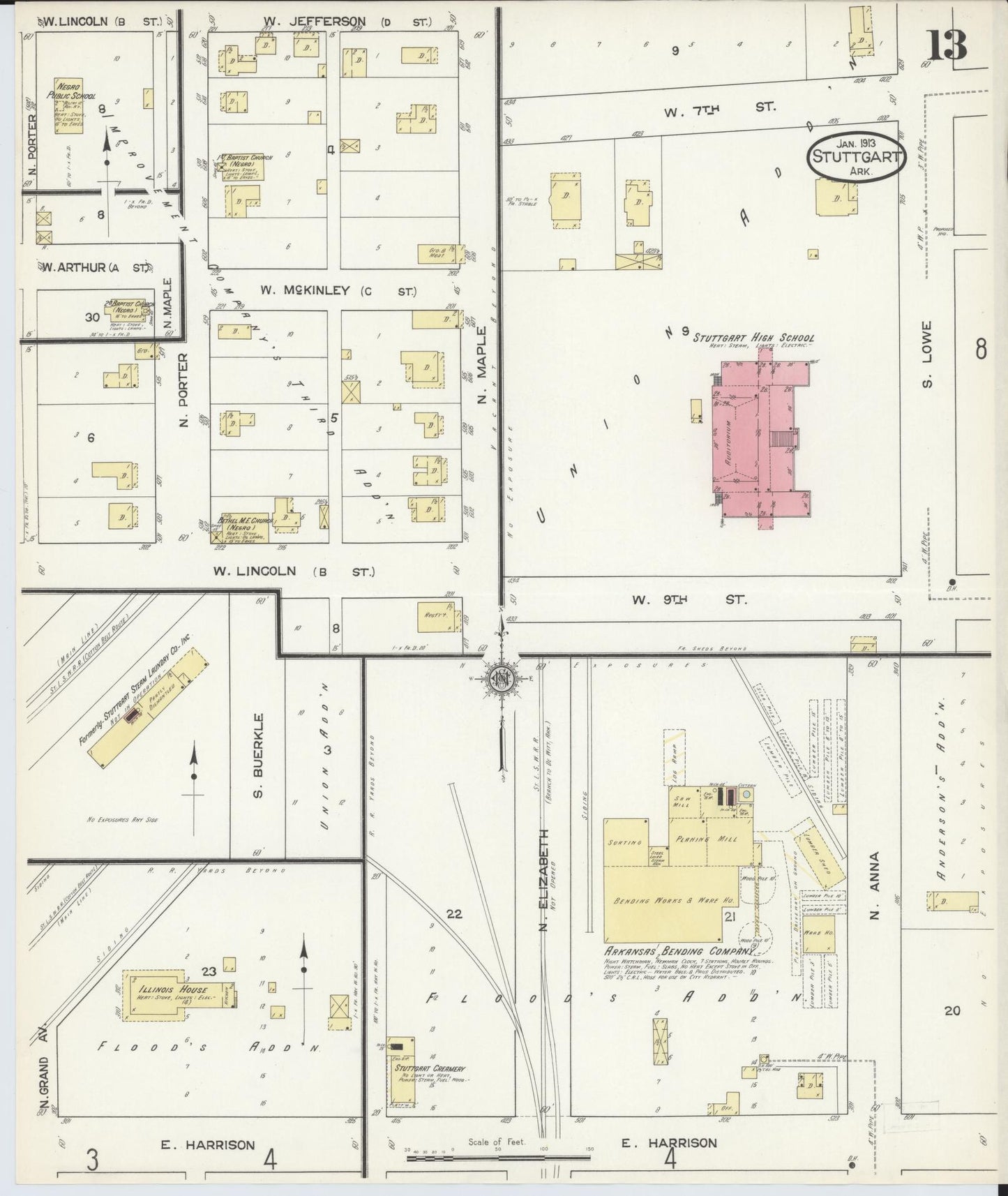 Sanborn Fire Insurance Map from Stuttgart, Arkansas County, Arkansas (1913), Sheet #0013 - Historic Sanborn Fire Insurance Map Print, vintage old map wall art, antique decor, genealogy gift, Stuttgart Arkansas map
