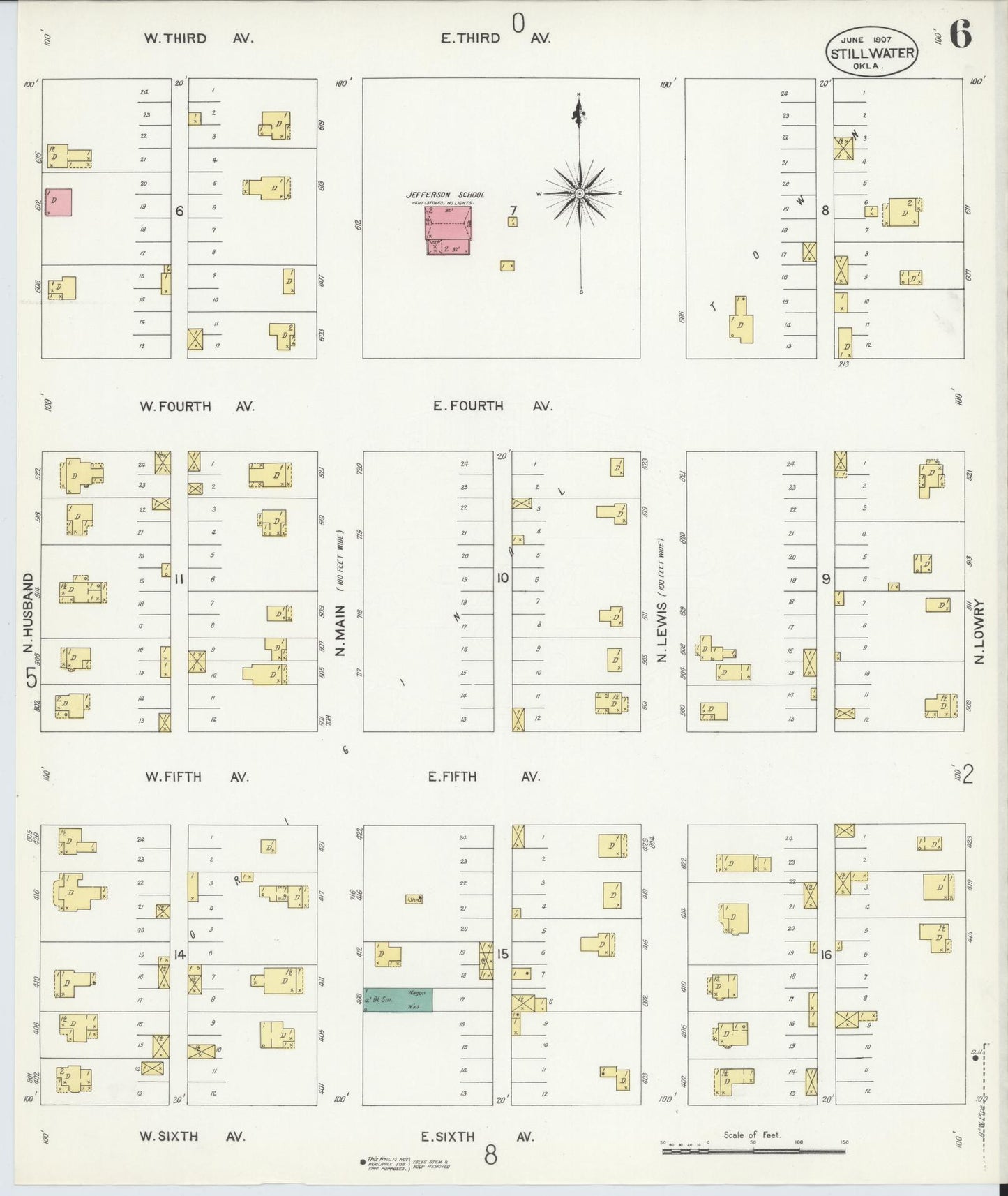 Sanborn Fire Insurance Map from Stillwater, Payne County, Oklahoma (1907), Sheet #0006 - Historic Sanborn Fire Insurance Map Print, vintage old map wall art, antique decor, genealogy gift, Oklahoma Oklahoma map