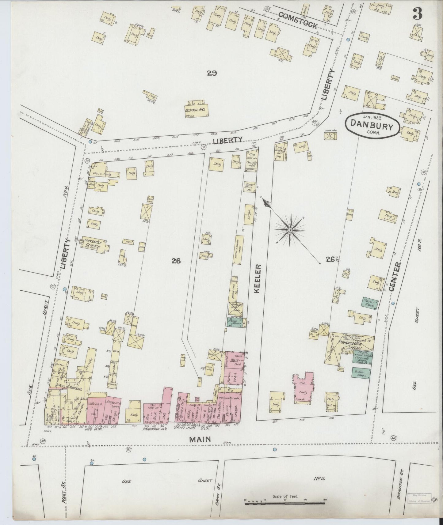 Sanborn Fire Insurance Map from Danbury, Fairfield County, Connecticut (1889), Sheet #0003 - Historic Sanborn Fire Insurance Map Print, vintage old map wall art, antique decor, genealogy gift, Connecticut Connecticut map