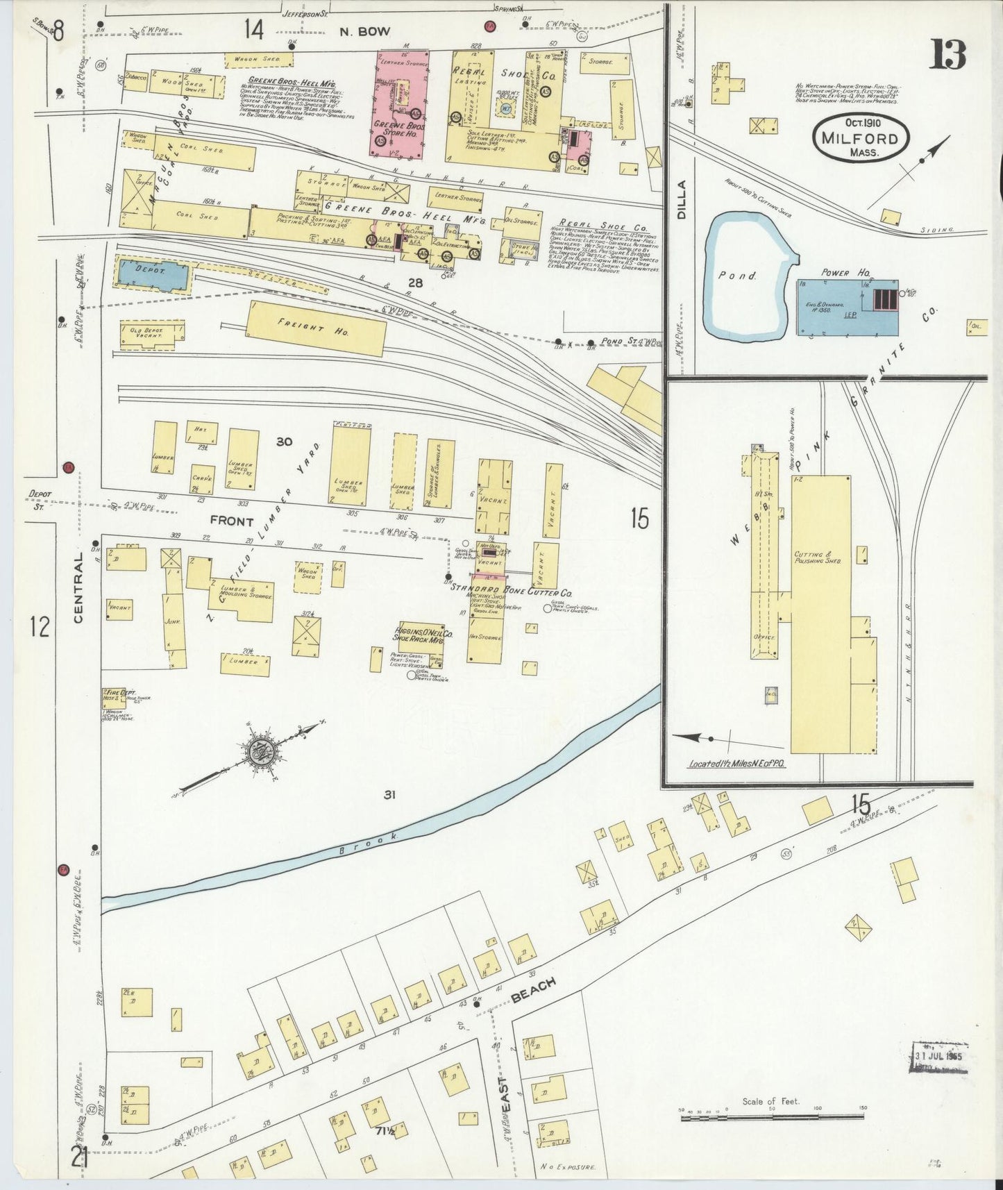 Sanborn Fire Insurance Map from Milford, Worcester County, Massachusetts (1910), Sheet #0013 - Historic Sanborn Fire Insurance Map Print, vintage old map wall art, antique decor, genealogy gift, Massachusetts Massachusetts map