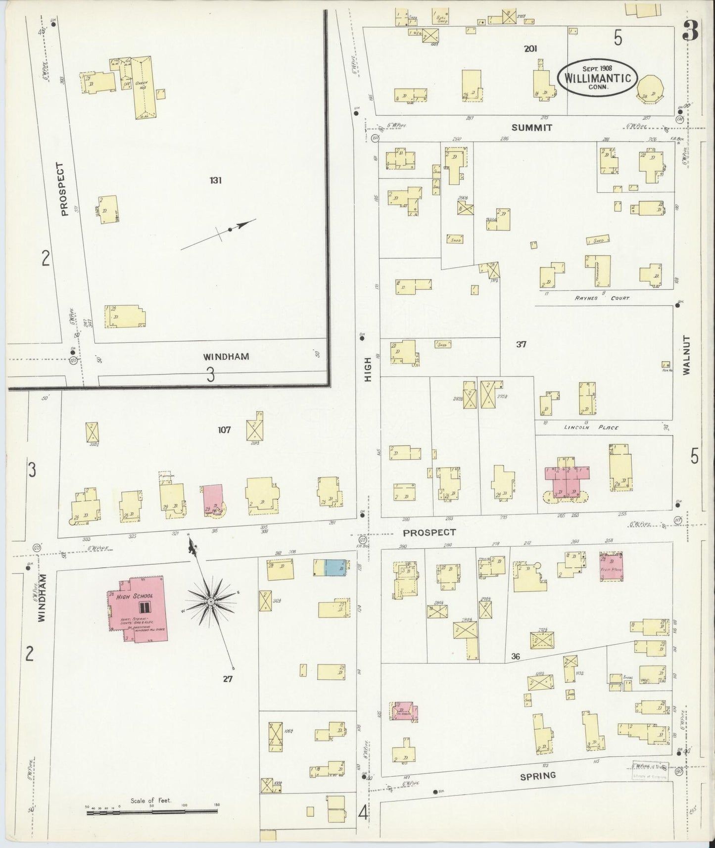 Sanborn Fire Insurance Map from Willimantic, Windham County, Connecticut (1908), Sheet #0003 - Historic Sanborn Fire Insurance Map Print, vintage old map wall art, antique decor, genealogy gift, Connecticut Connecticut map