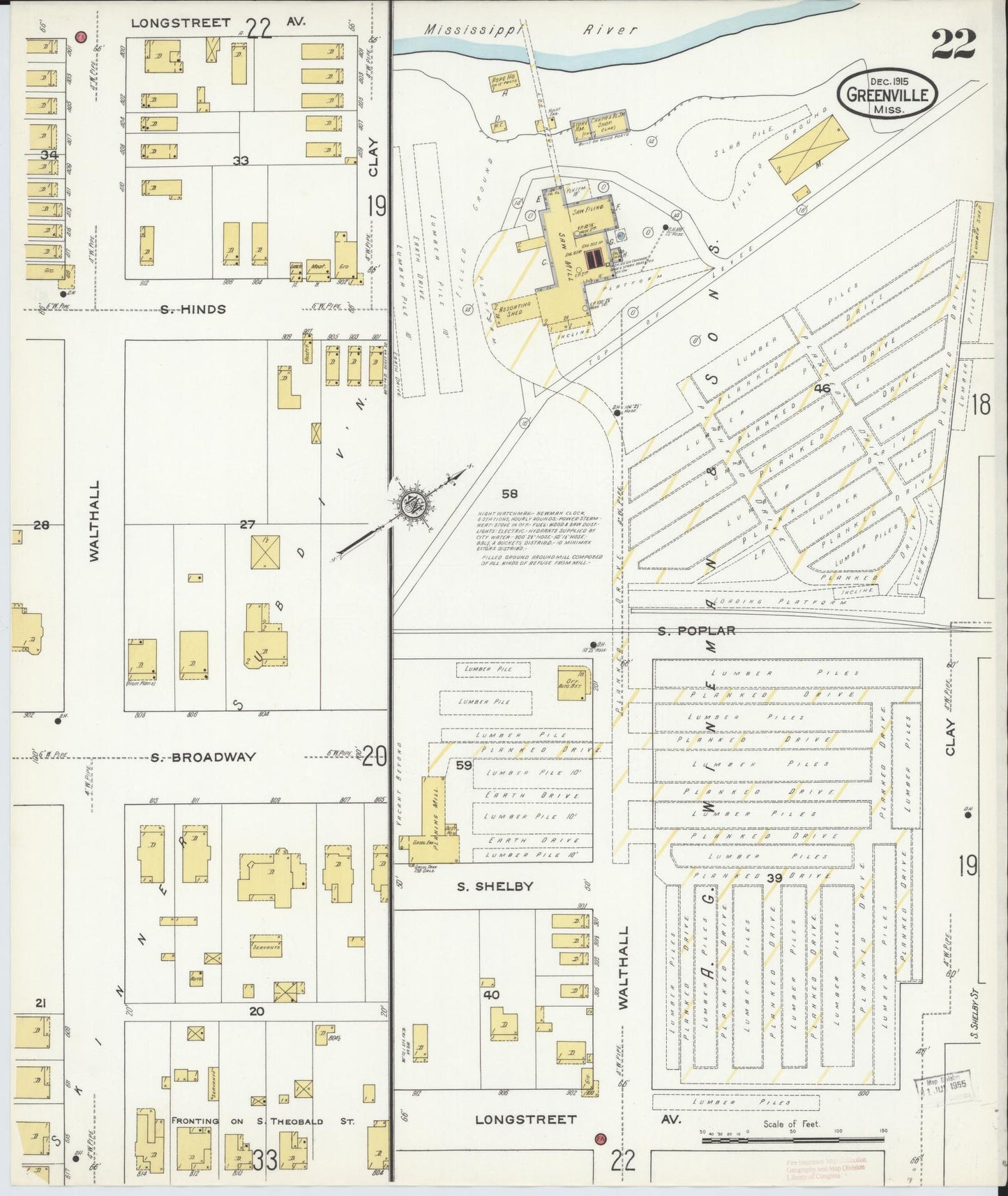 Sanborn Fire Insurance Map from Greenville, Washington County, Mississippi (1915), Sheet #0022 - Historic Sanborn Fire Insurance Map Print, vintage old map wall art, antique decor, genealogy gift, Mississippi Mississippi map