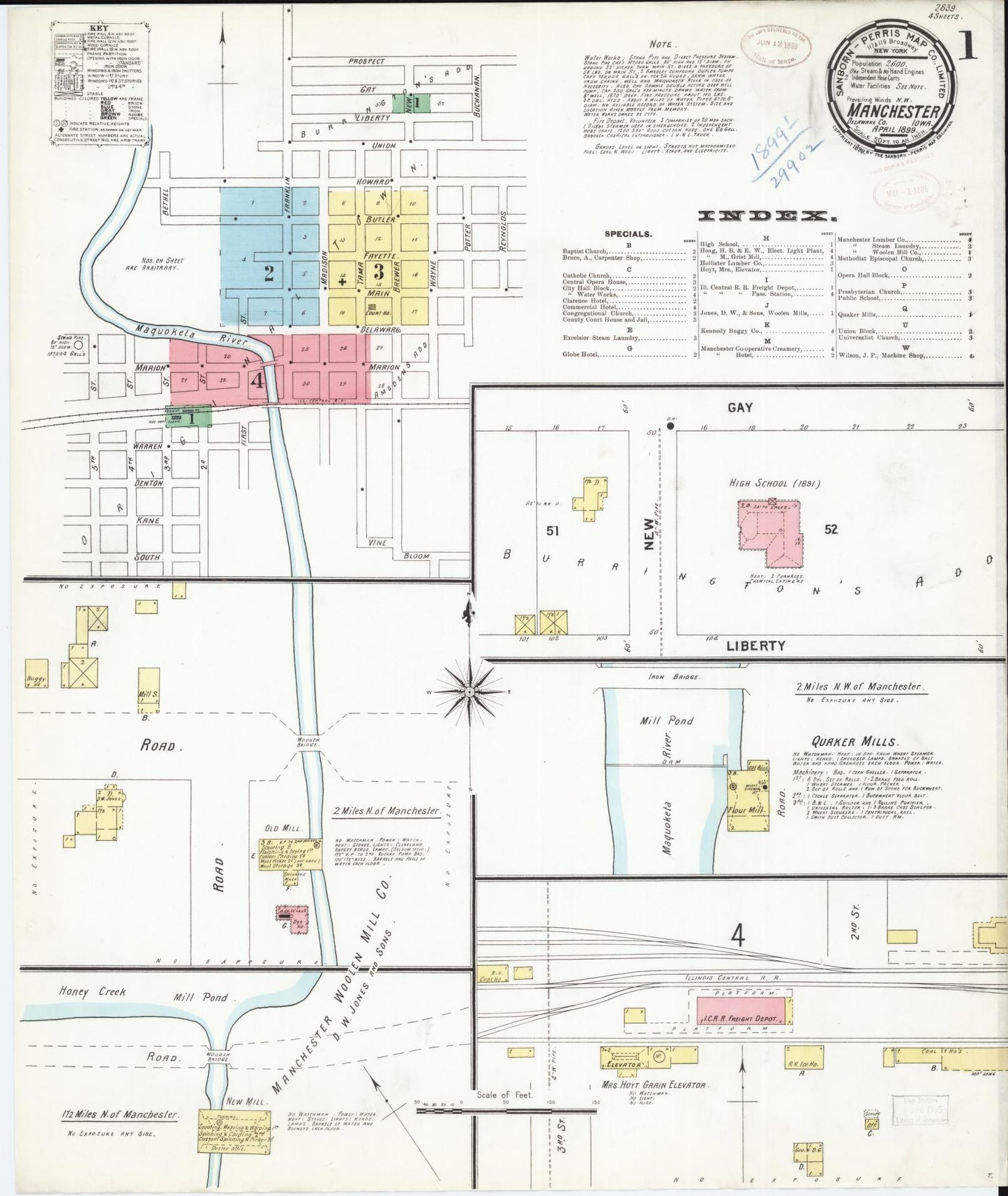 Sanborn Fire Insurance Map from Manchester, Delaware County, Iowa (1899), Sheet #0001 - Historic Sanborn Fire Insurance Map Print, vintage old map wall art, antique decor, genealogy gift, Manchester Delaware map