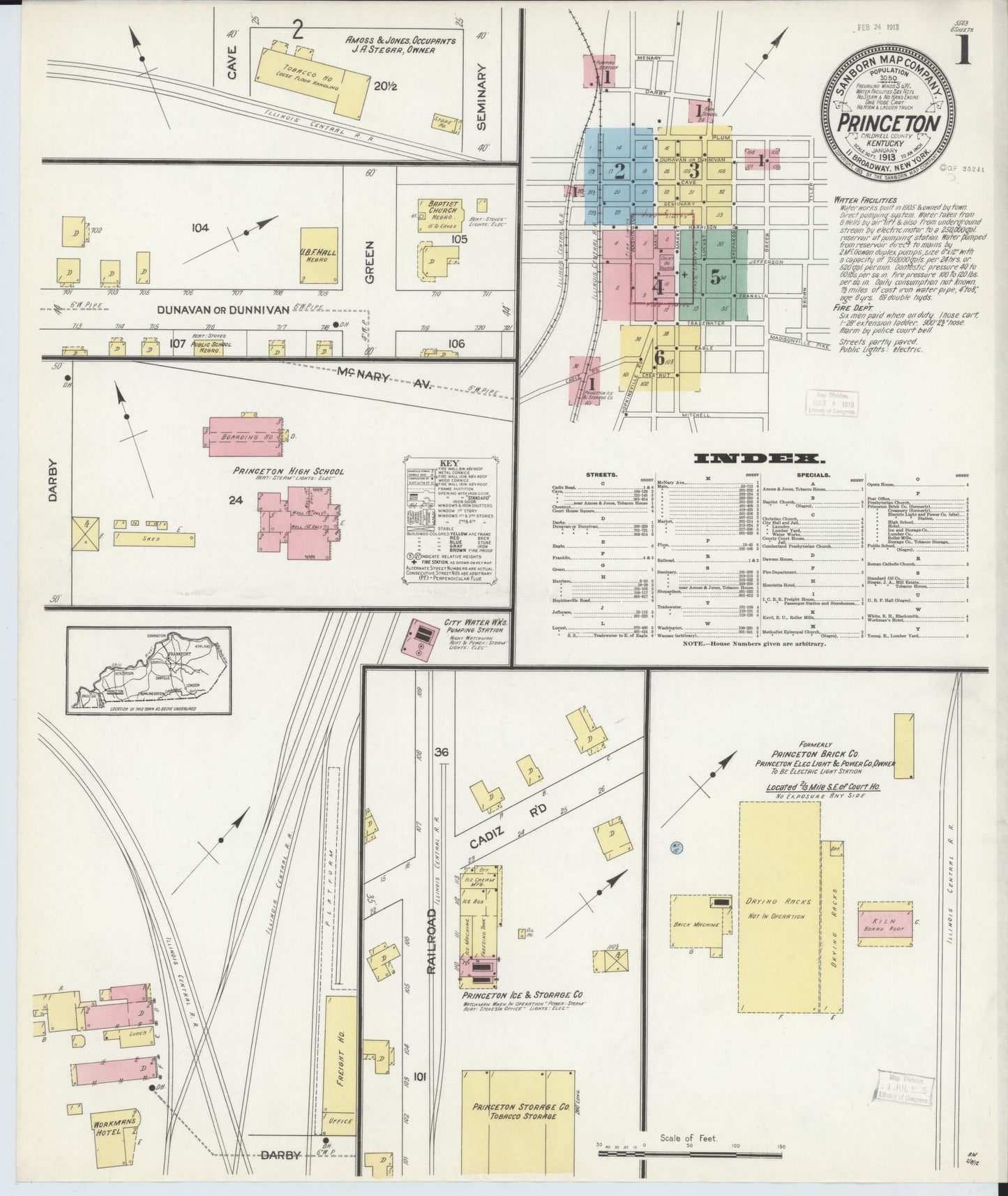 Sanborn Fire Insurance Map from Princeton, Caldwell County, Kentucky (1913), Sheet #0001 - Historic Sanborn Fire Insurance Map Print, vintage old map wall art, antique decor, genealogy gift, Kentucky Kentucky map