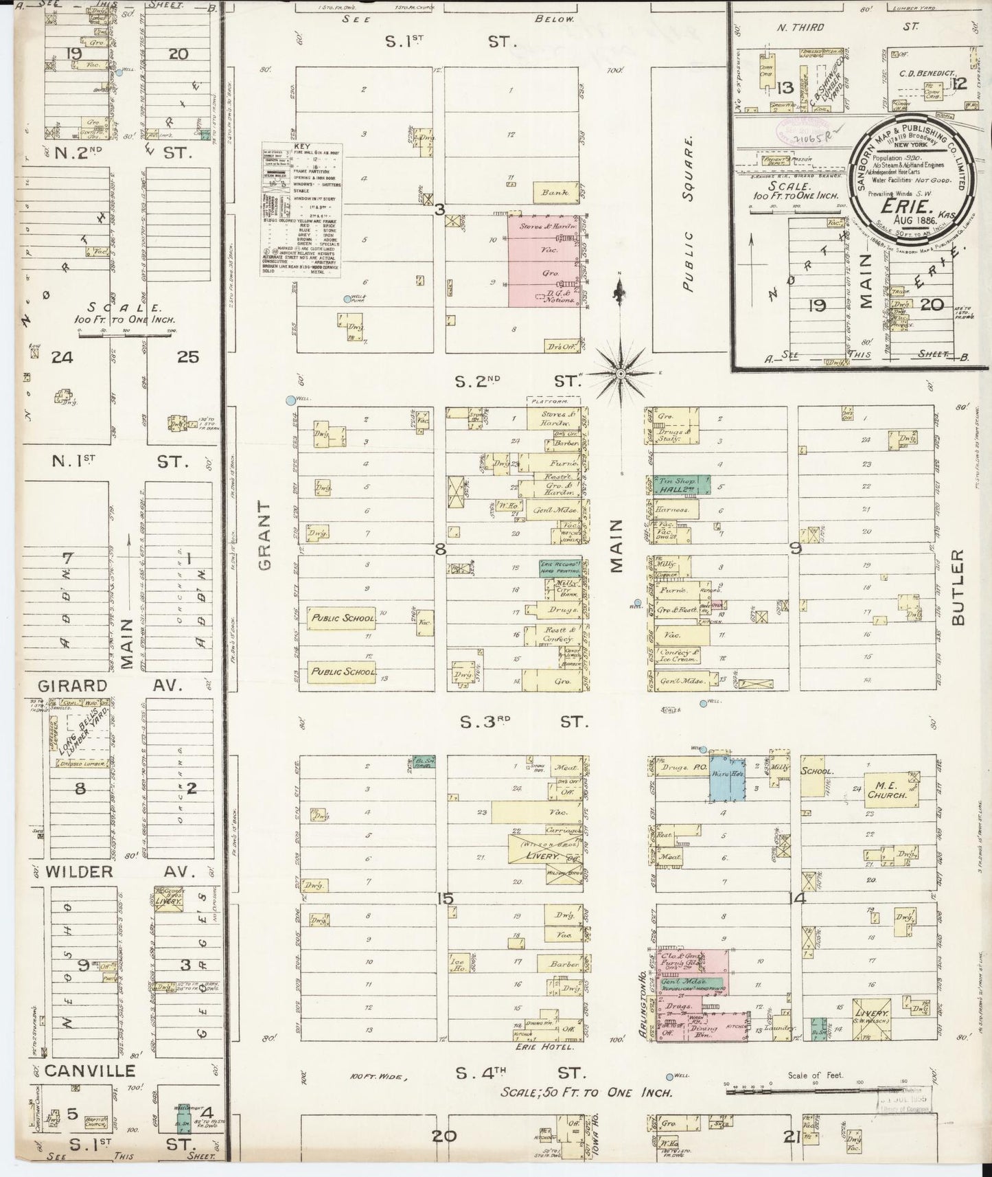 Sanborn Fire Insurance Map from Erie, Neosho County, Kansas (1886), Sheet #0001 - Historic Sanborn Fire Insurance Map Print, vintage old map wall art, antique decor, genealogy gift, Kansas Kansas map