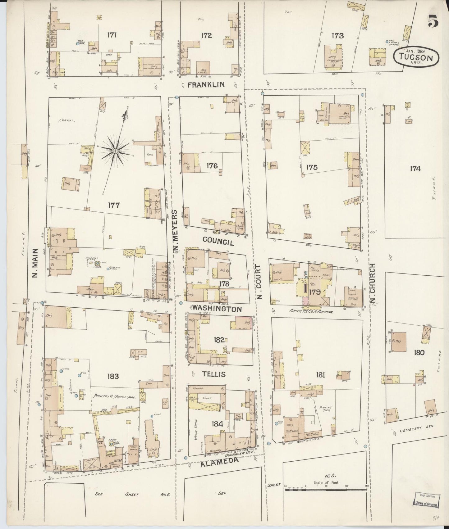Sanborn Fire Insurance Map from Tucson, Pima County, Arizona (1889), Sheet #0005 - Historic Sanborn Fire Insurance Map Print, vintage old map wall art, antique decor, genealogy gift, Arizona Arizona map