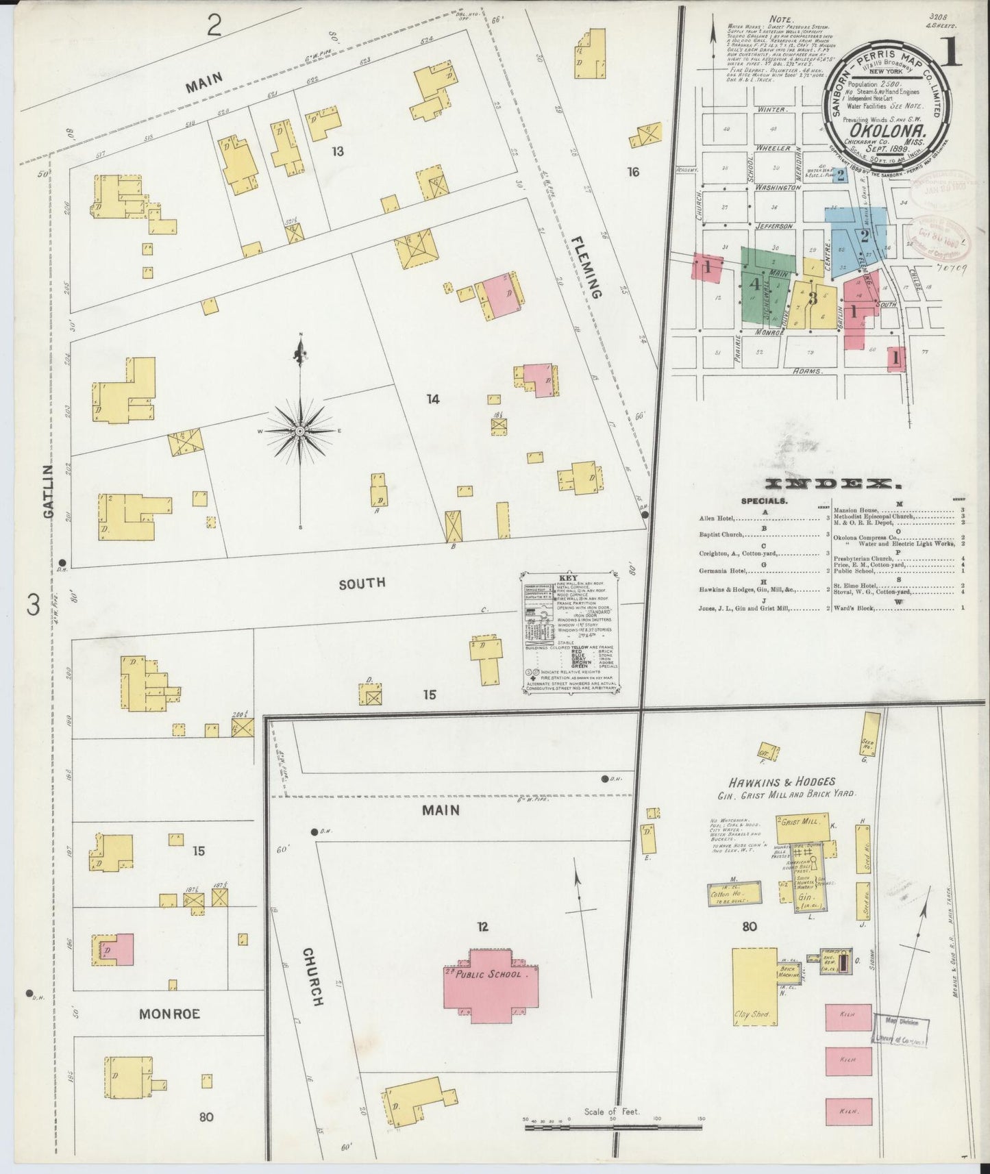 Sanborn Fire Insurance Map from Okolona, Chickasaw County, Mississippi (1899), Sheet #0001 - Historic Sanborn Fire Insurance Map Print, vintage old map wall art, antique decor, genealogy gift, Mississippi Mississippi map