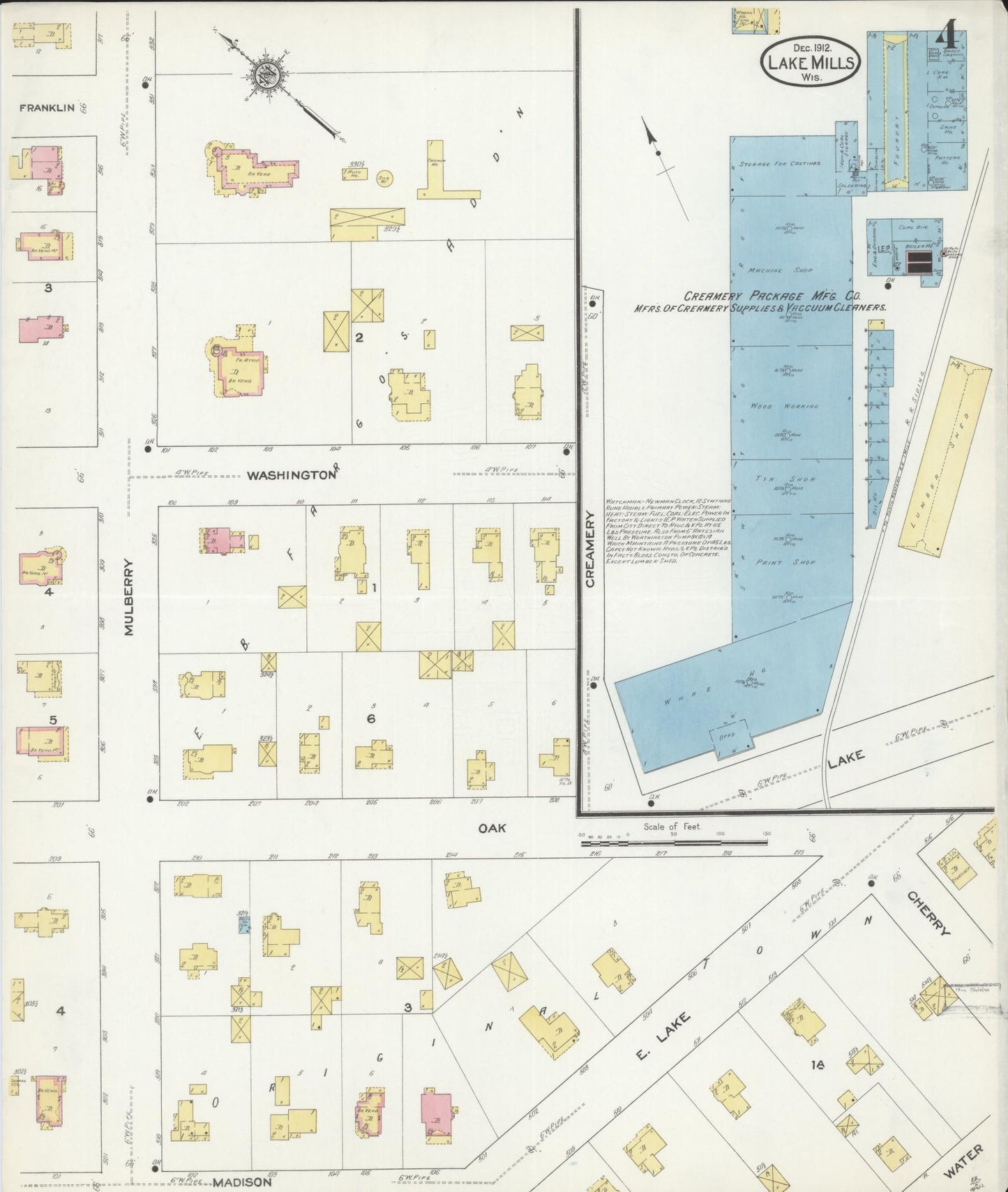 Sanborn Fire Insurance Map from Lake Mills, Jefferson County, Wisconsin (1912), Sheet #0004 - Historic Sanborn Fire Insurance Map Print, vintage old map wall art, antique decor, genealogy gift, Wisconsin Wisconsin map
