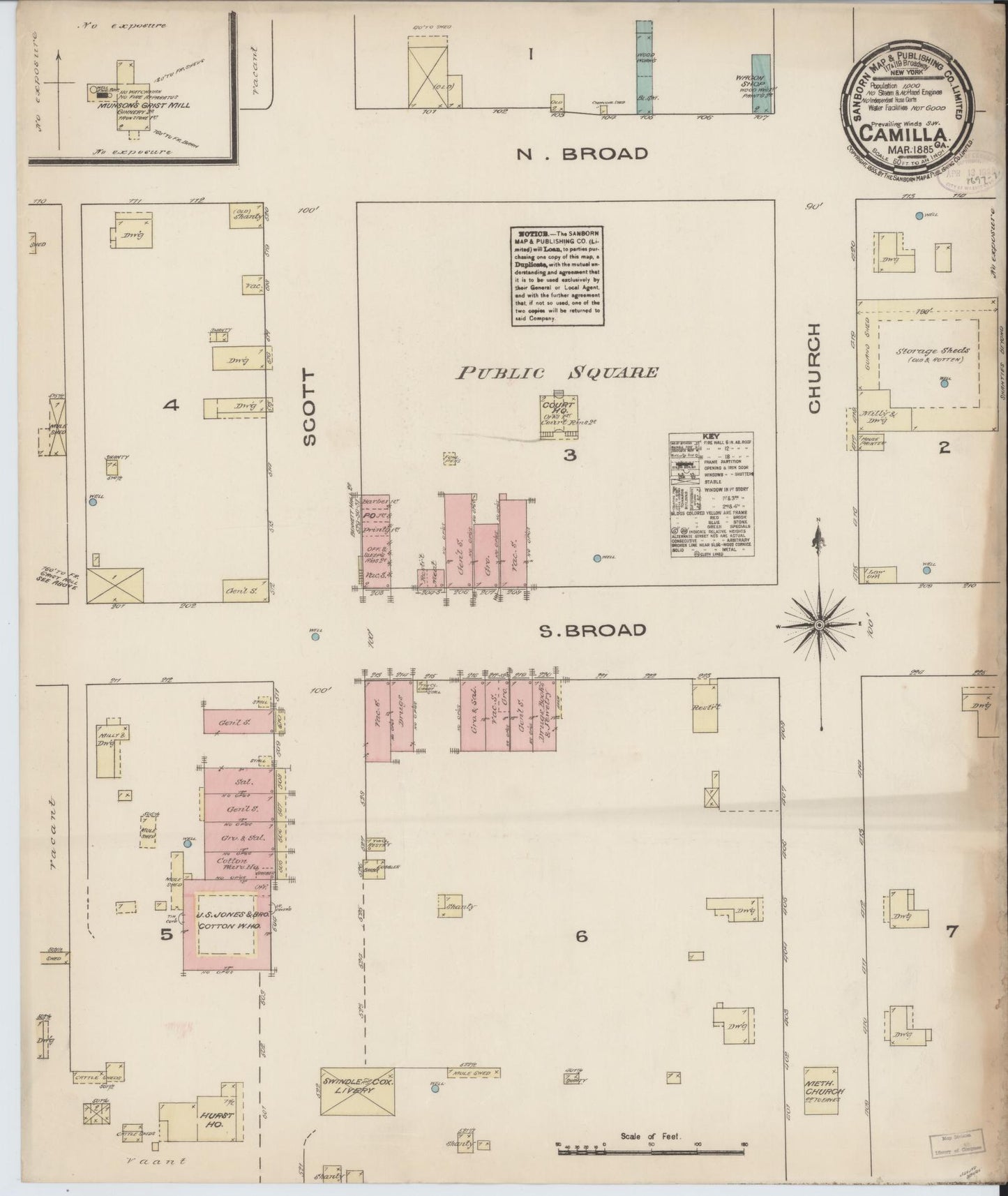 Sanborn Fire Insurance Map from Camilla, Mitchell County, Georgia (1885), Sheet #0001 - Historic Sanborn Fire Insurance Map Print, vintage old map wall art, antique decor, genealogy gift, Georgia Georgia map
