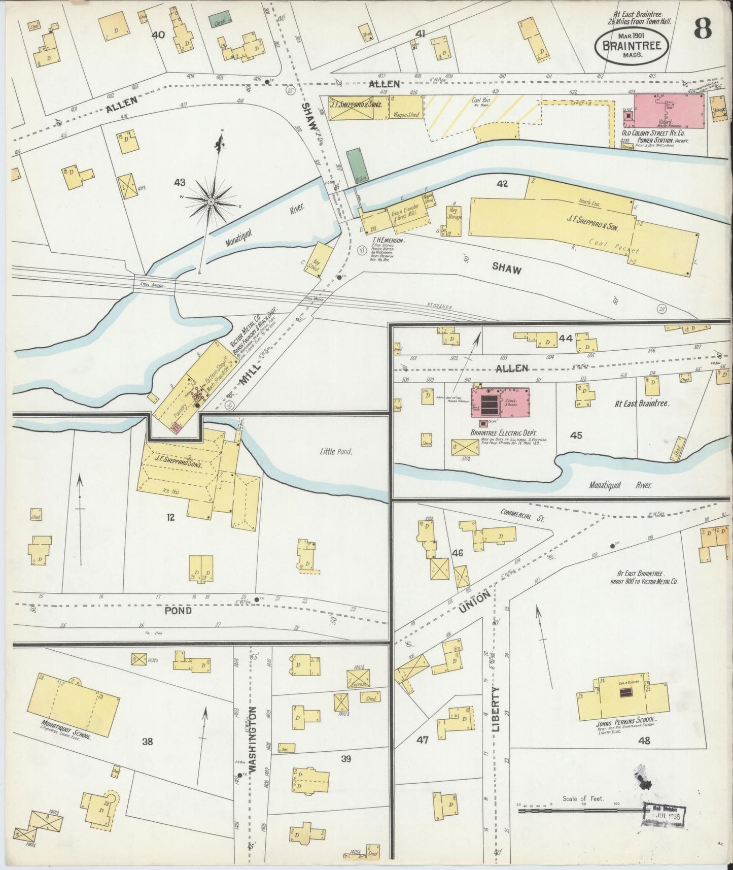 Sanborn Fire Insurance Map from Braintree, Norfolk County, Massachusetts (1901), Sheet #0008 - Complete Map Set gallery image, historic Sanborn map, vintage wall art, Massachusetts Massachusetts